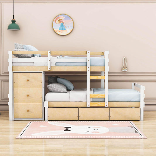 Low Twin Over Twin Bunk Beds for Kids with Storage Drawers and Dresser