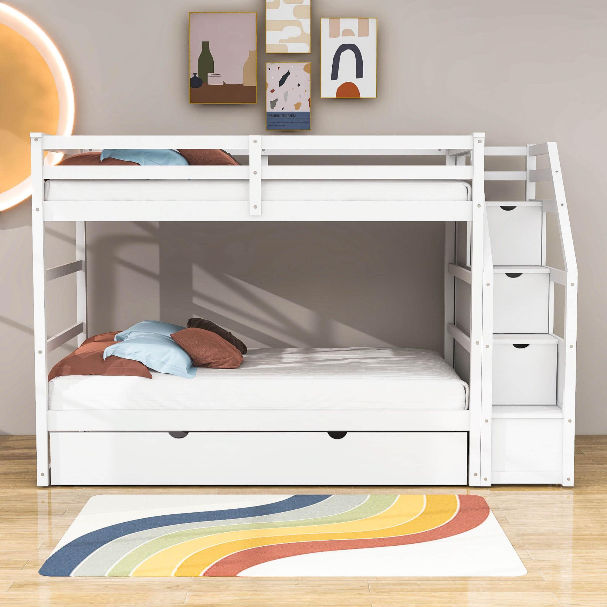 Low Twin Over Twin Bunk Beds for Kids with Storage Stairs and Trundle