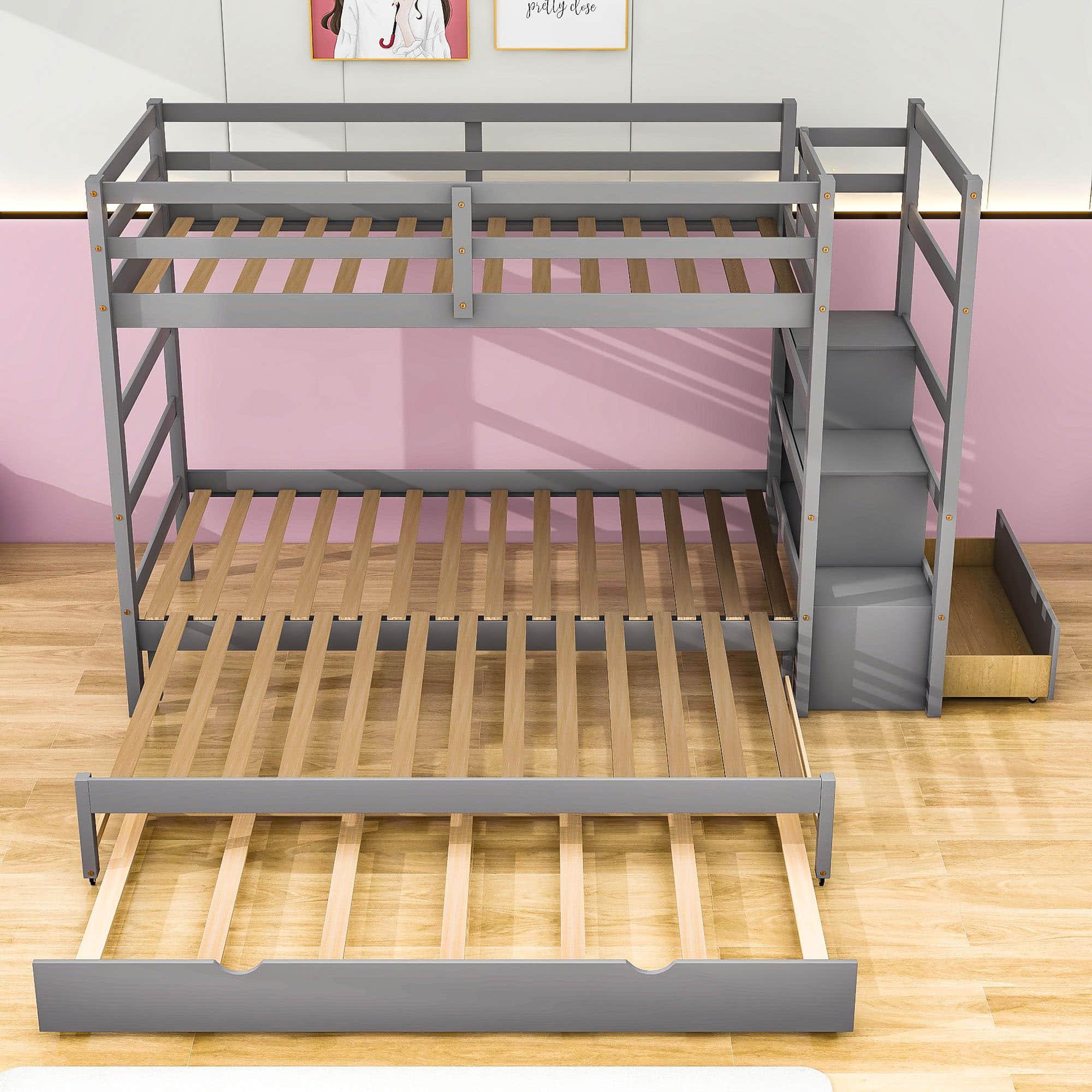 Twin Over Twin/King Convertible Bunk Beds with Stairs and Trundle