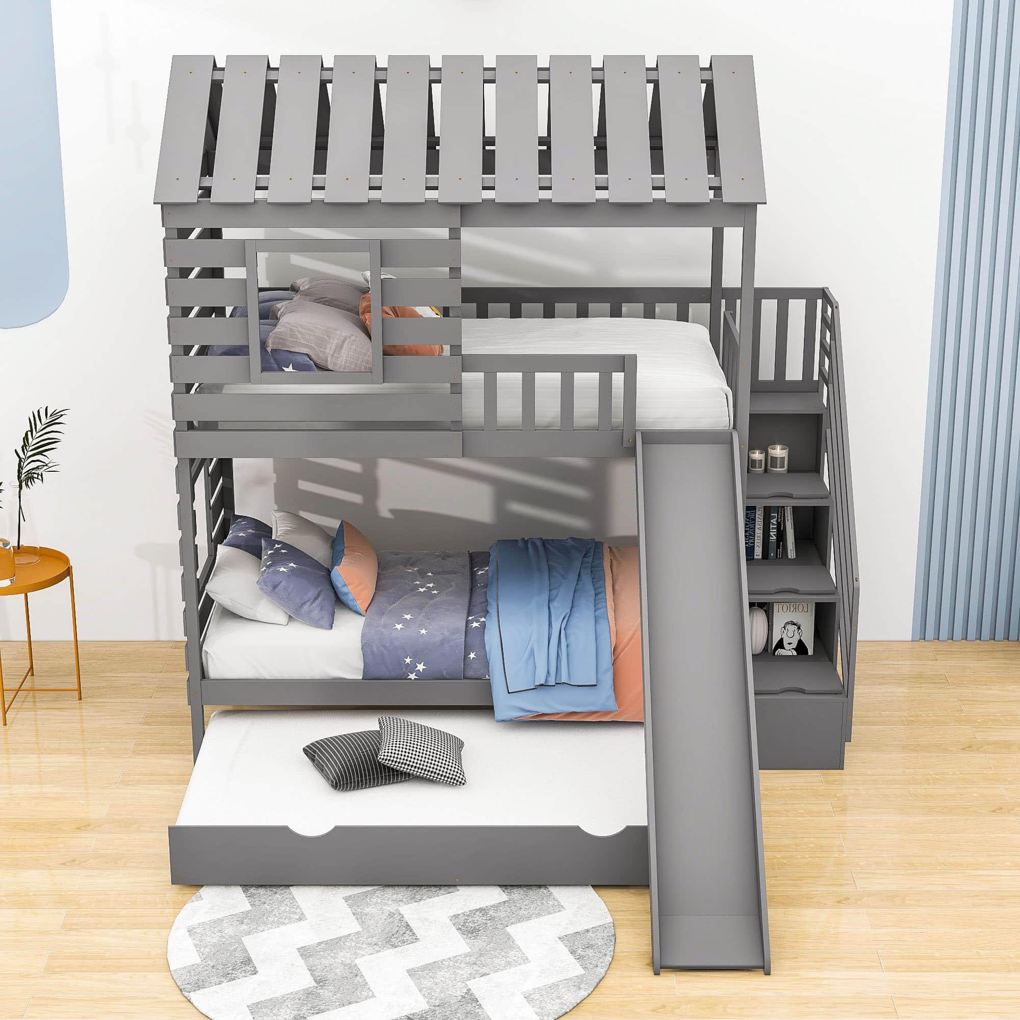 Twin Over Twin House Bunk Beds with Slide and Stairs, Trundle for Kids - [Wooden]