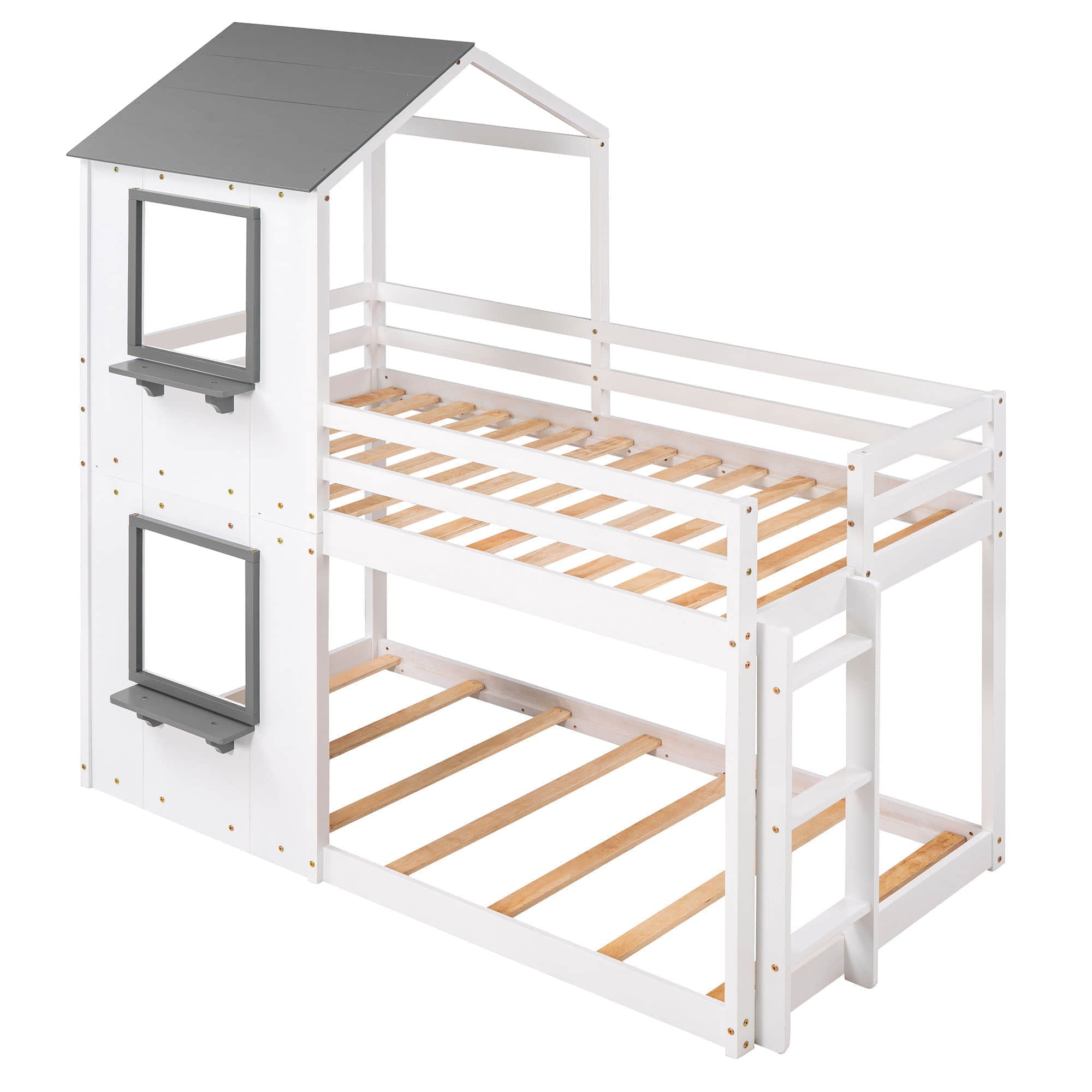 Wooden Twin Over Twin Low Bunk Beds for Kids with Fun Roof and Window