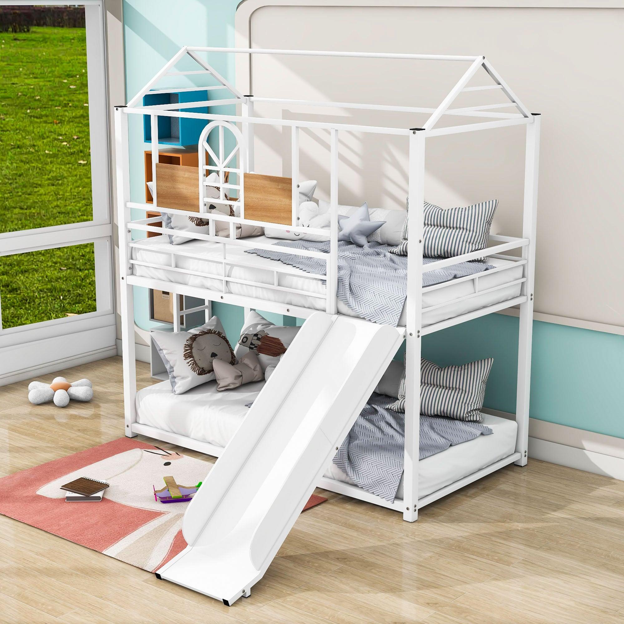 Low House Twin Over Twin Bunk Beds with Slide for Kids Toddler - [Metal]