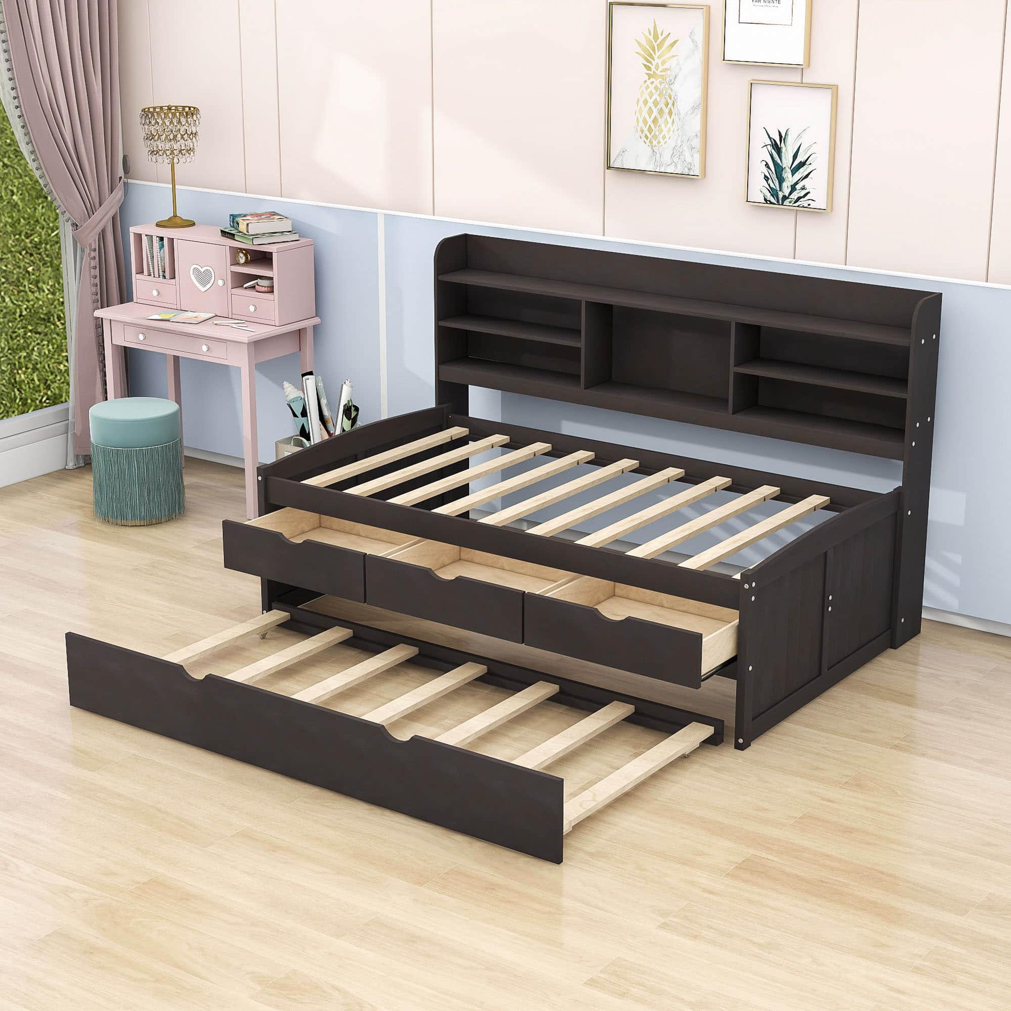 Wooden Twin Captains Bed with Storage and Trundle - [Bookshelves, Drawers]