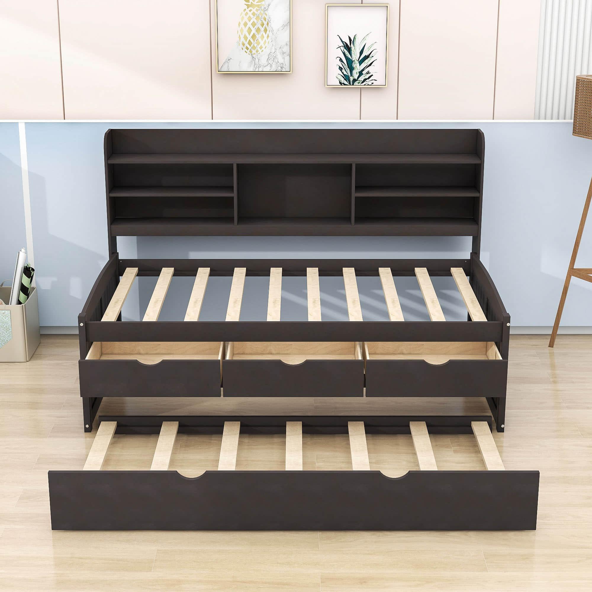 Wooden Twin Captains Bed with Storage and Trundle - [Bookshelves, Drawers]