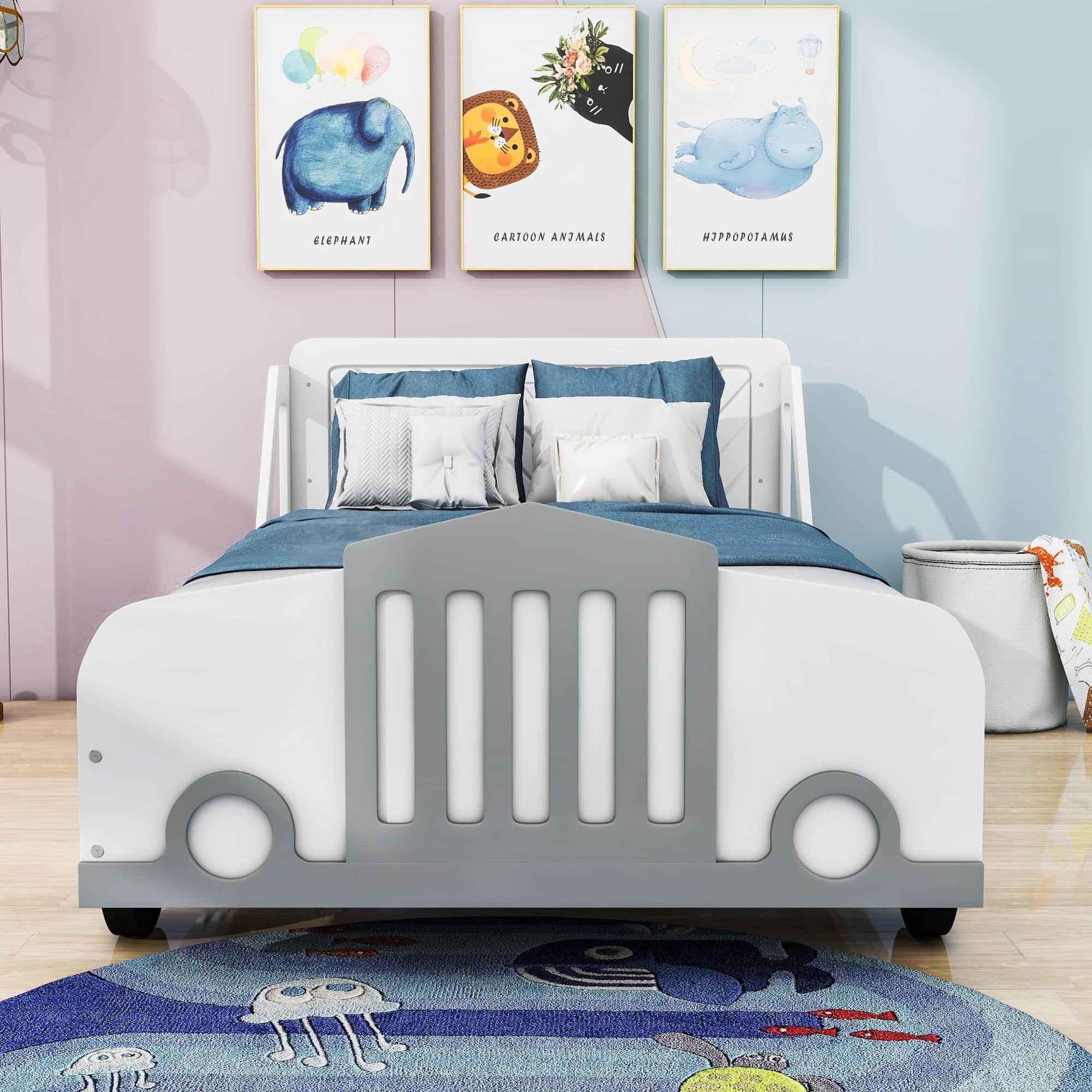 Wooden Car Twin Bed Frame for Boys and Girls with Wheels