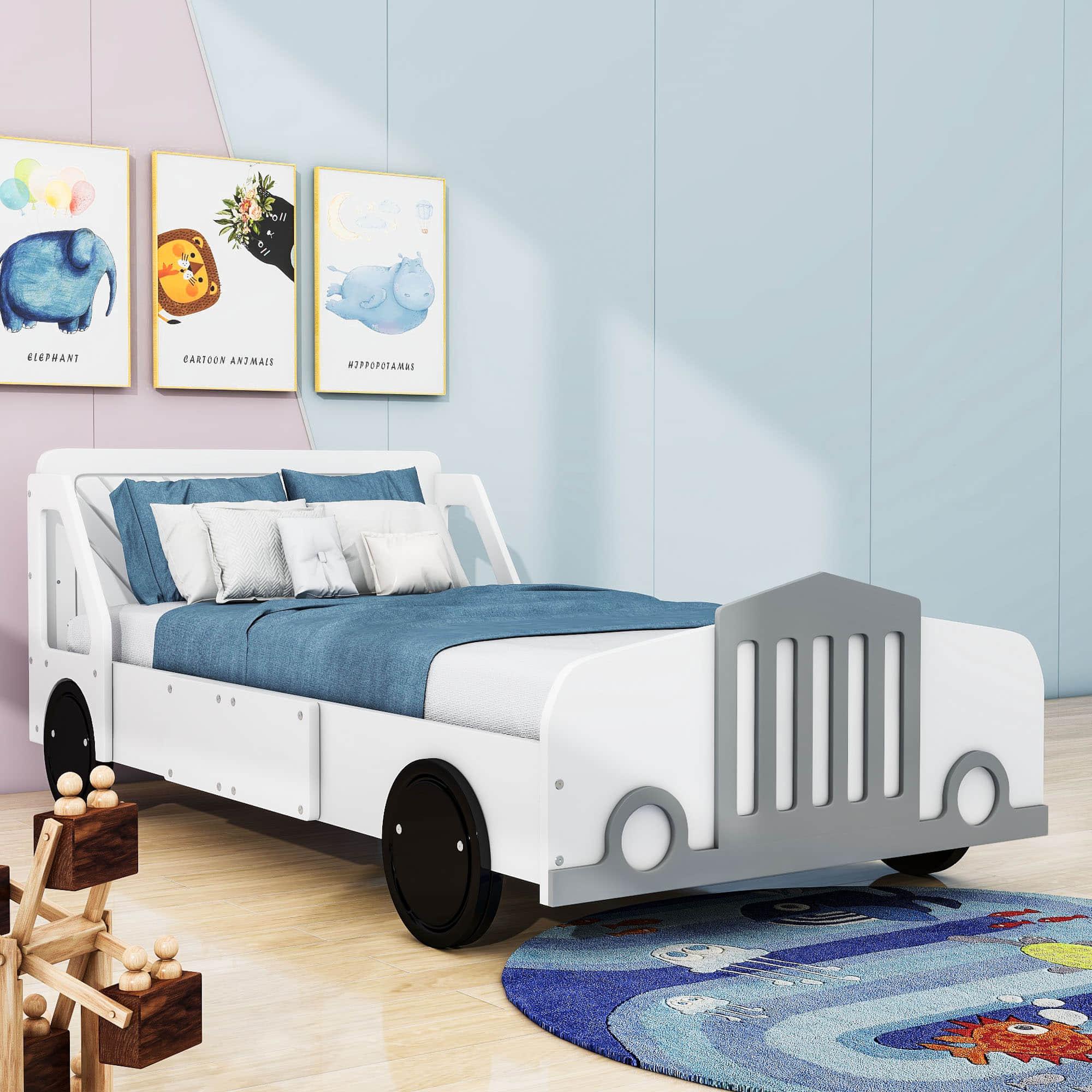 Wooden Car Twin Bed Frame for Boys and Girls with Wheels