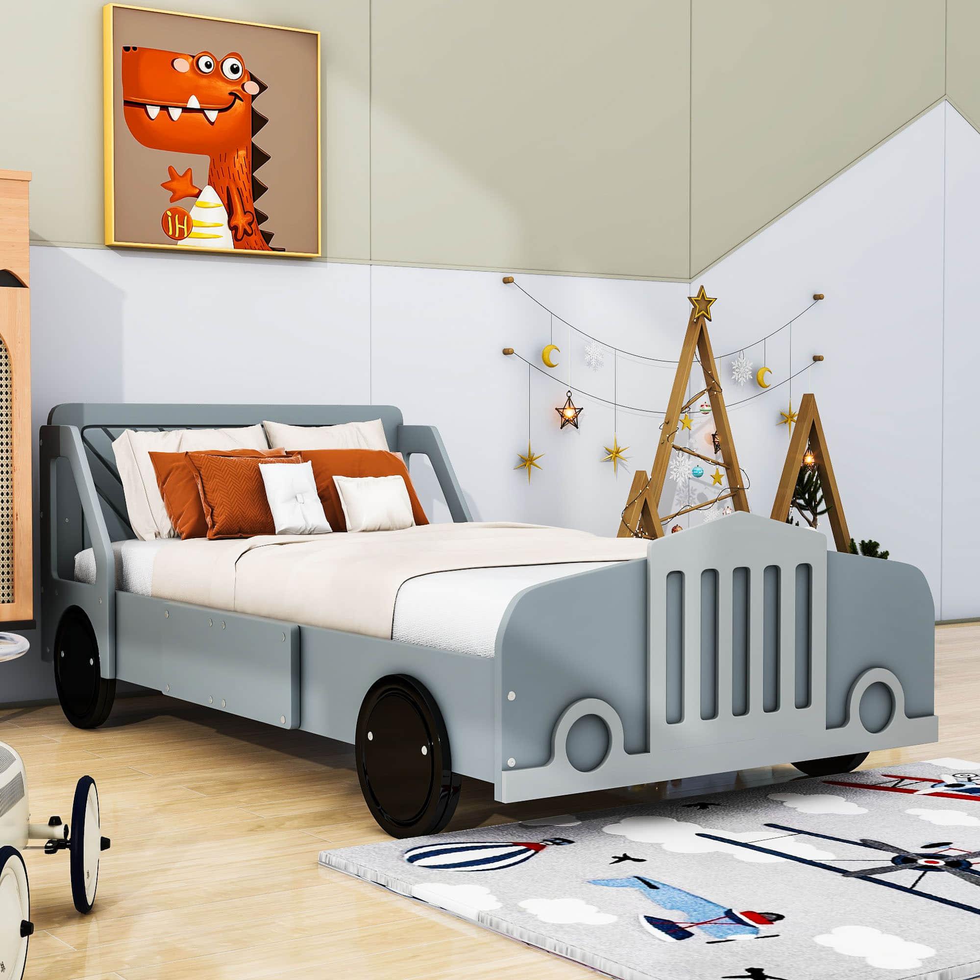 Wooden Car Twin Bed Frame for Boys and Girls with Wheels