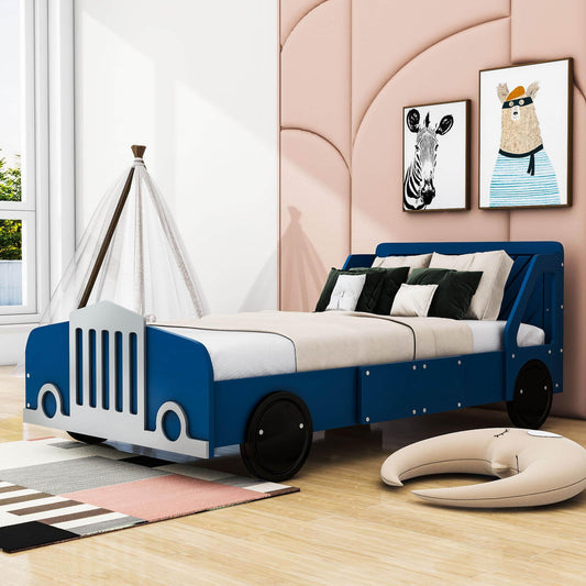 Wooden Car Twin Bed Frame for Boys and Girls with Wheels