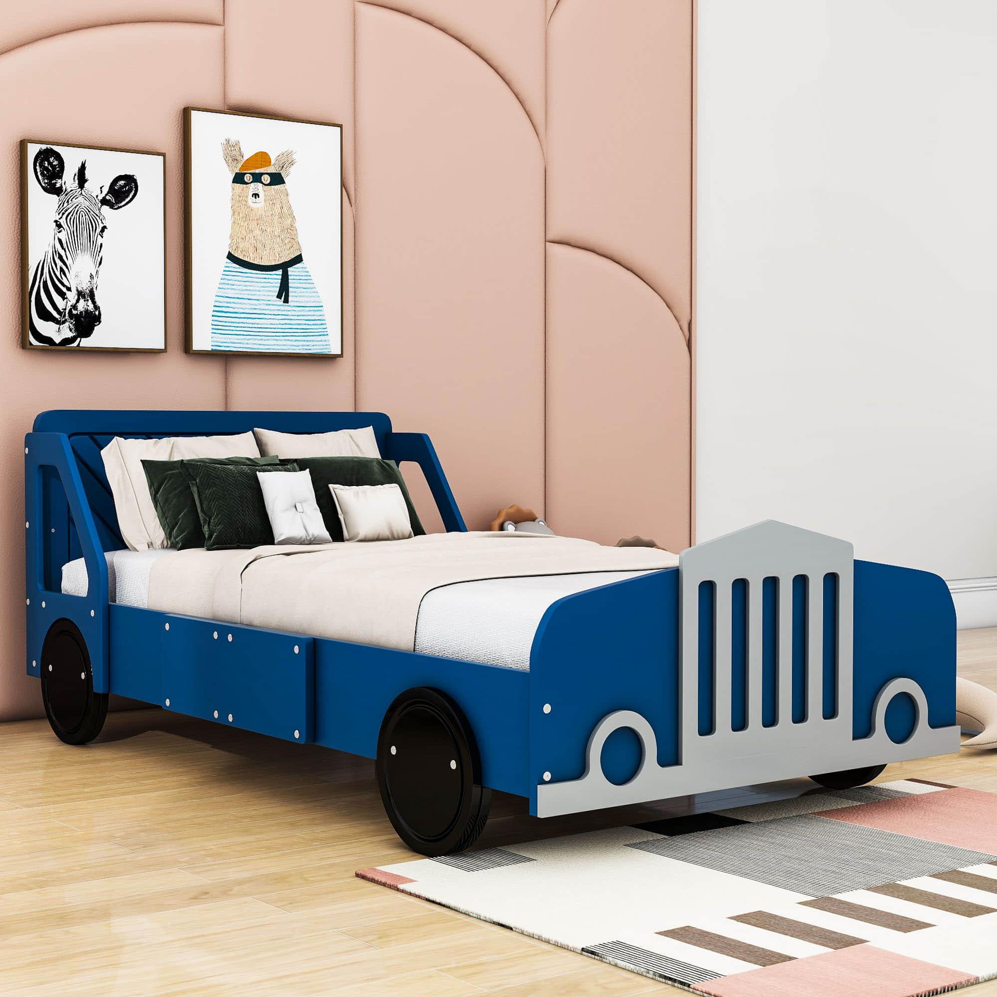 Wooden Car Twin Bed Frame for Boys and Girls with Wheels