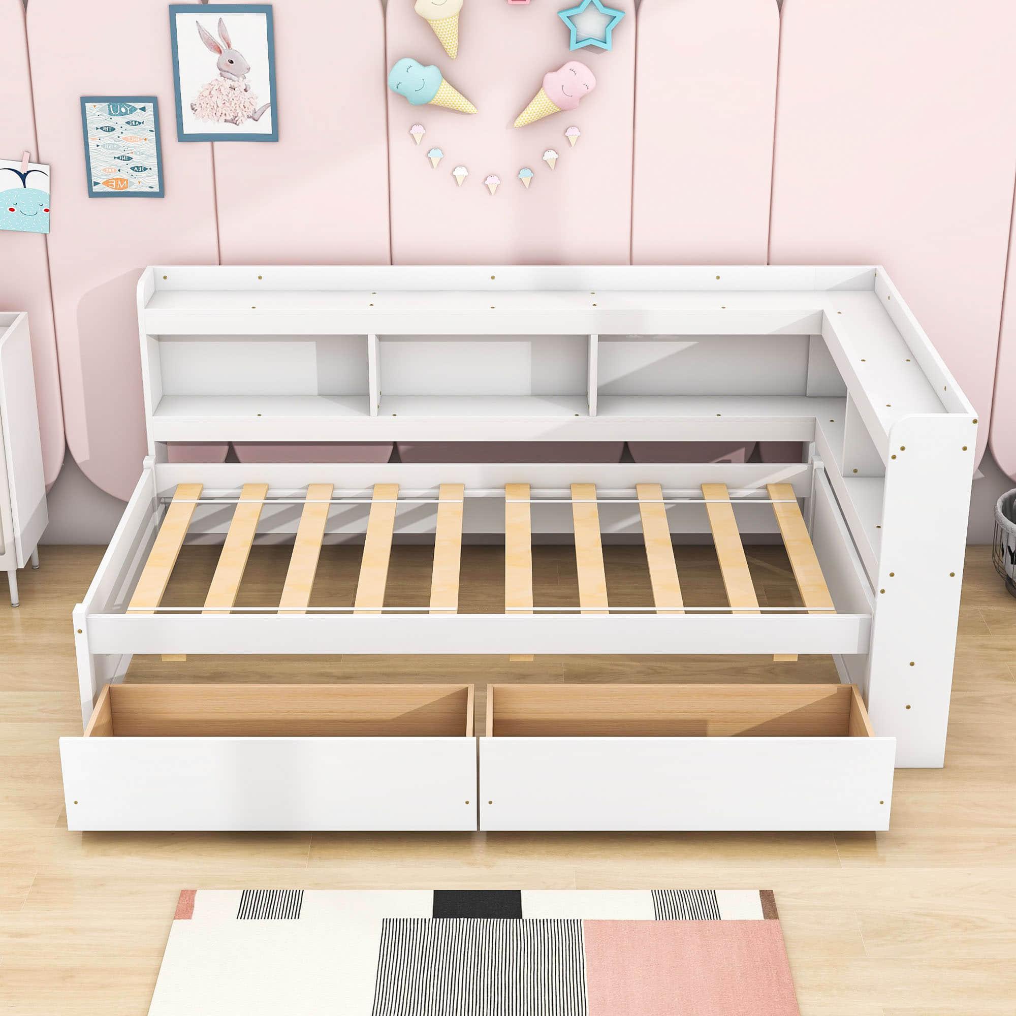 Wood Twin Daybed with Storage - [Drawers, L-Shaped Bookcases]