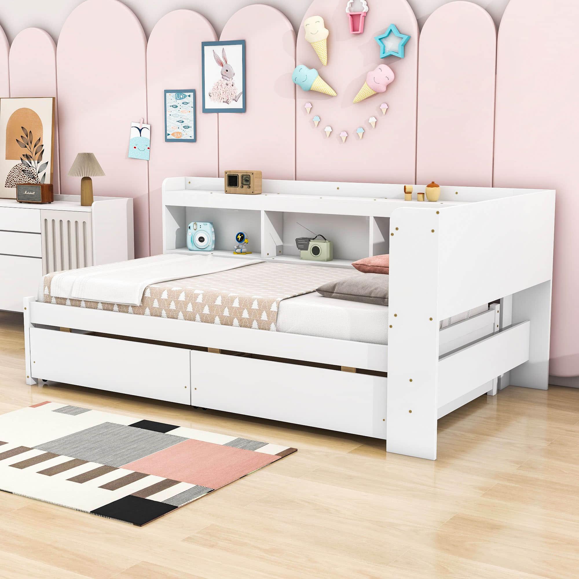 Wood Twin Daybed with Storage - [Drawers, L-Shaped Bookcases]