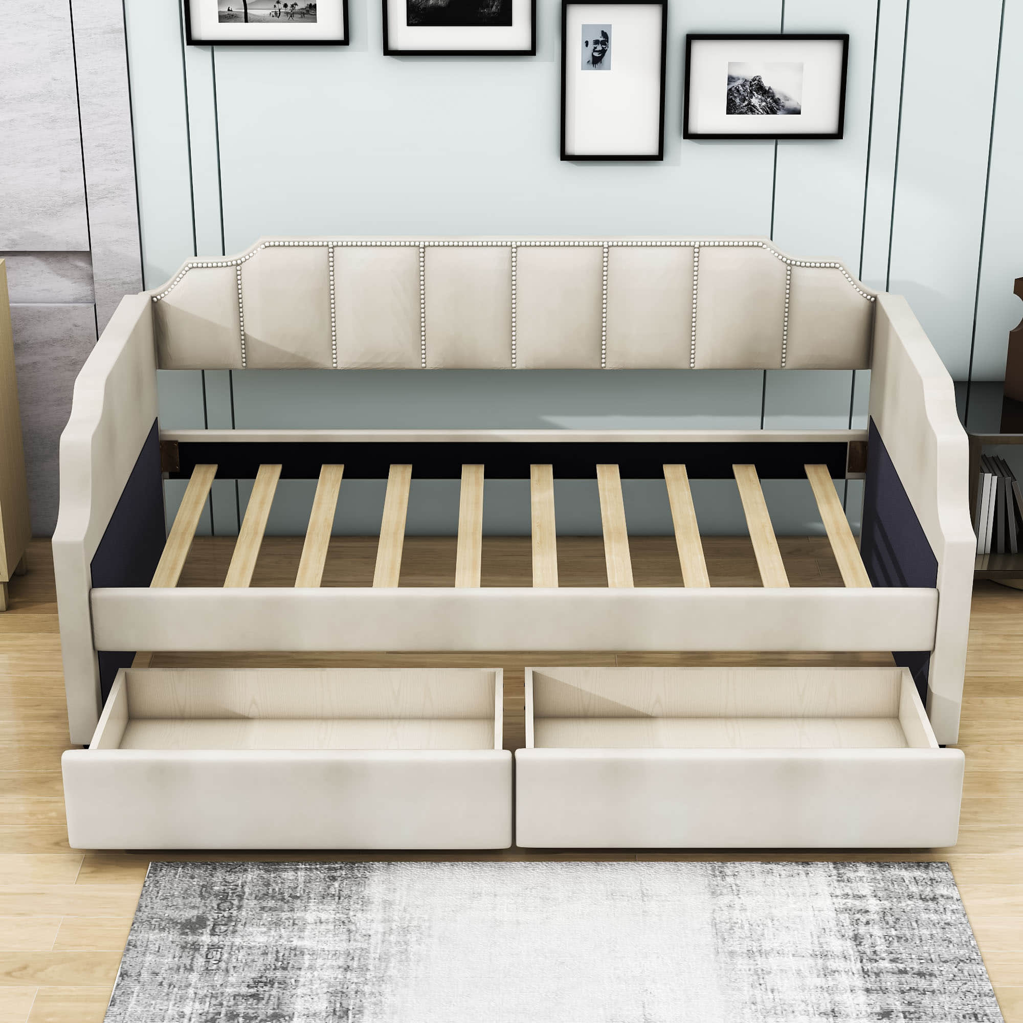 Modern Twin Size Upholstered Daybed with Storage Drawers