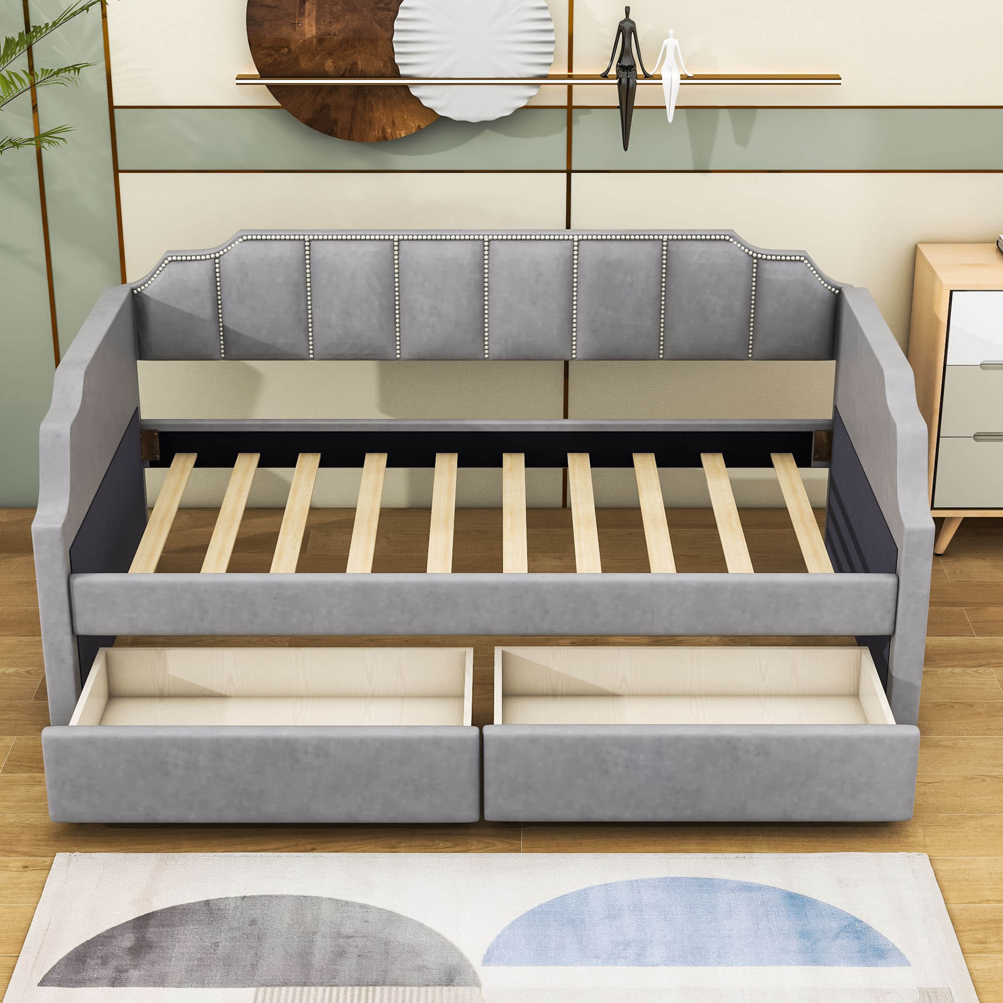 Modern Twin Size Upholstered Daybed with Storage Drawers