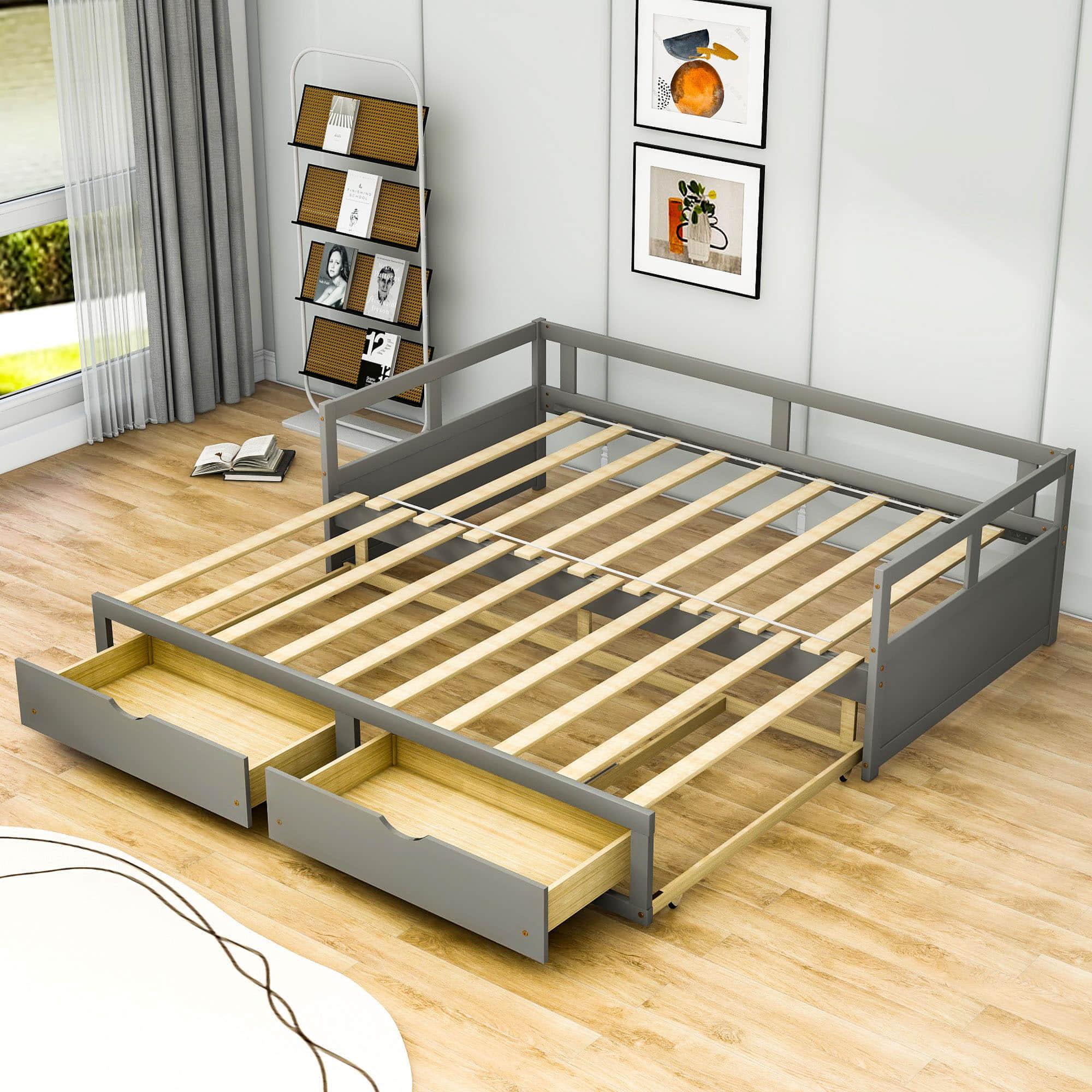 Wood Twin to King Daybed with Extendable Trundle and Storage Drawers