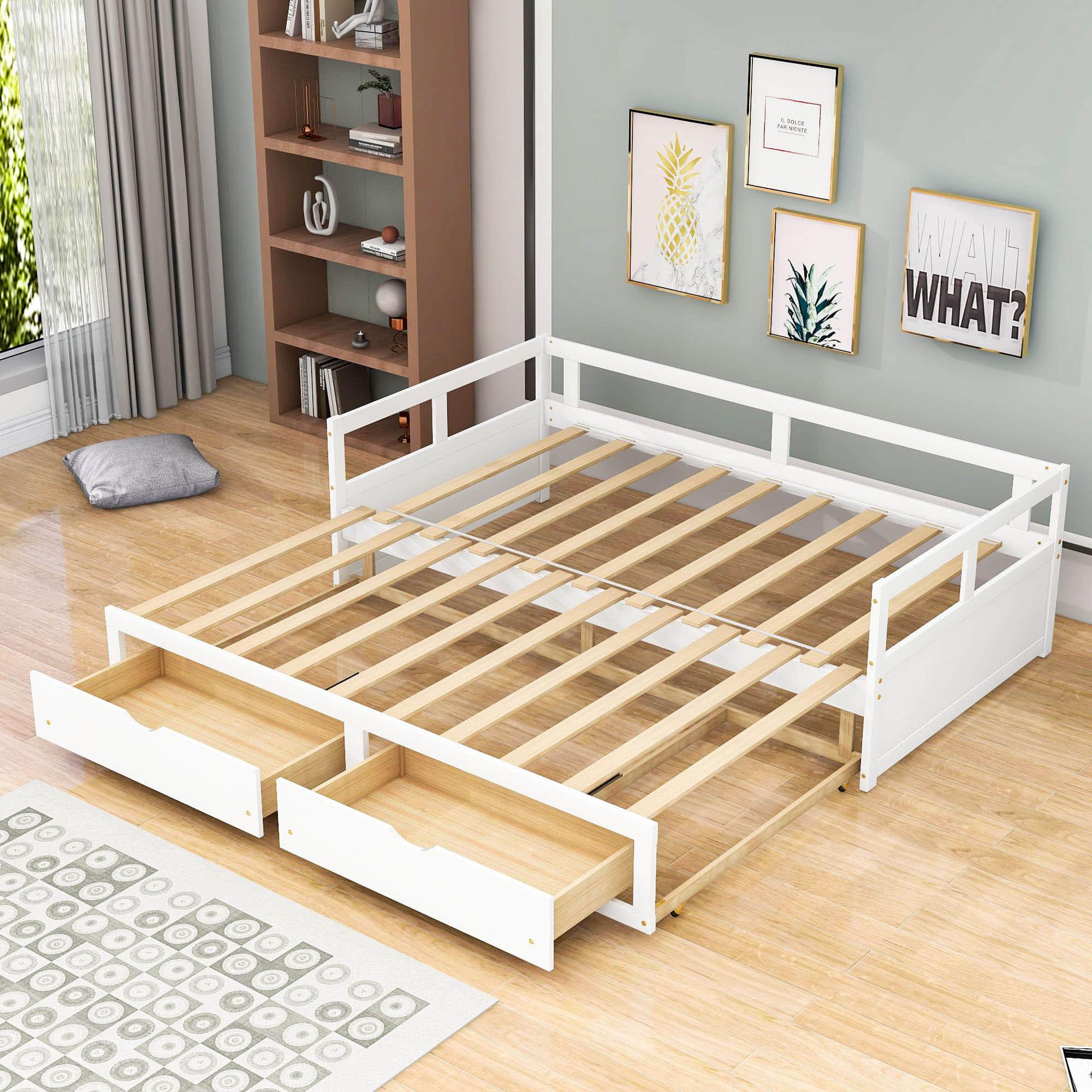 Wood Twin to King Daybed with Extendable Trundle and Storage Drawers