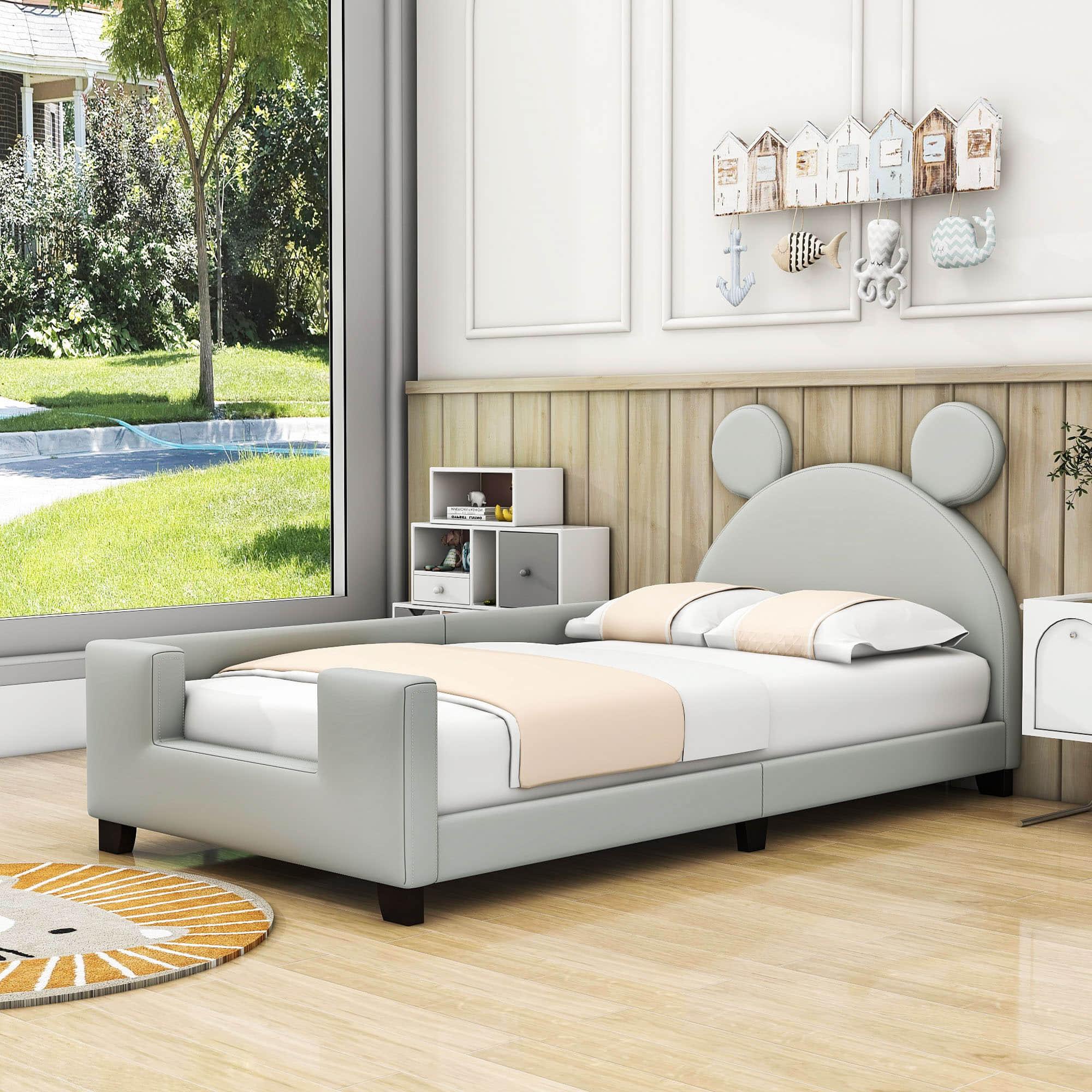 Upholstered Twin Daybed with Carton Ears Shaped Headboard for Kids