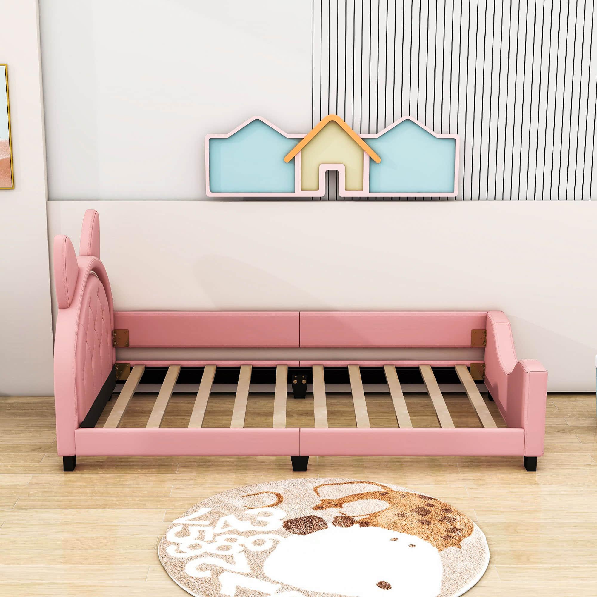 Upholstered Small Twin Daybed with Carton Ears Shaped Headboard for Kids