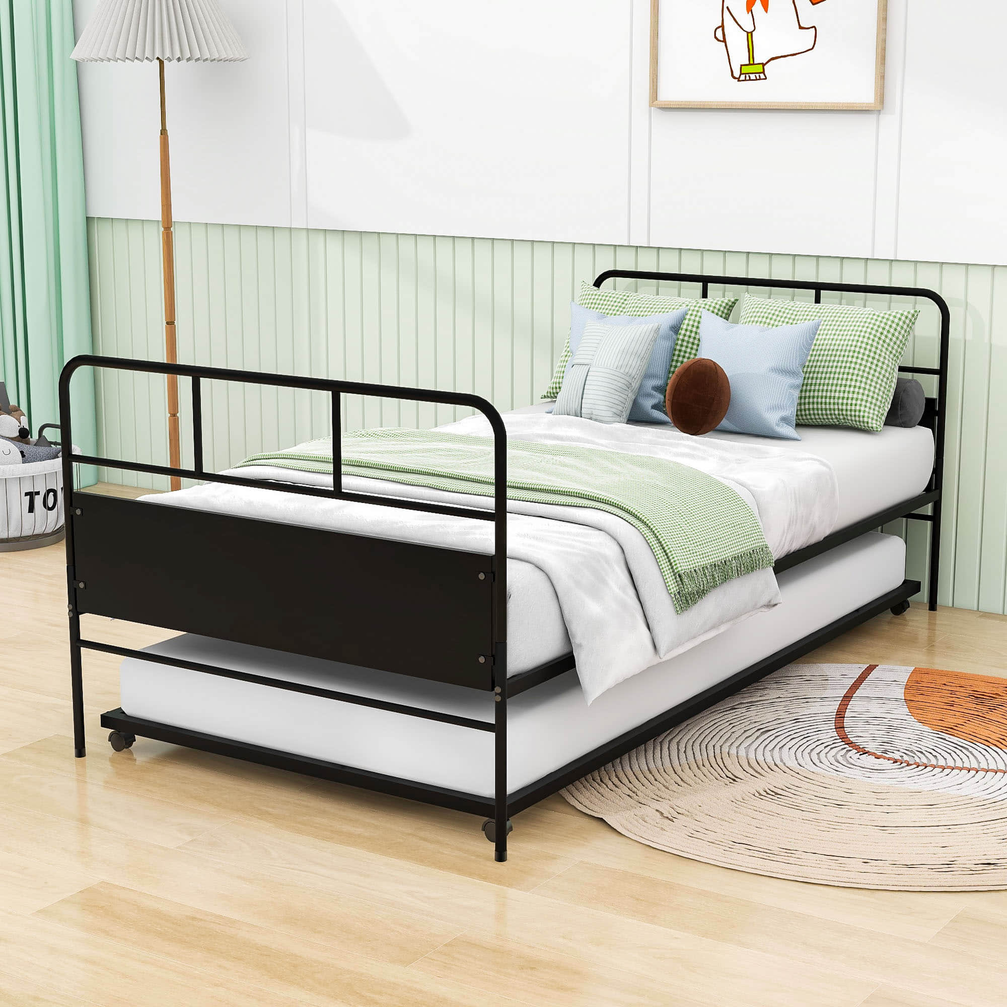 Twin Size Metal Day Bed Frame with Twin Trundle - [Backless]