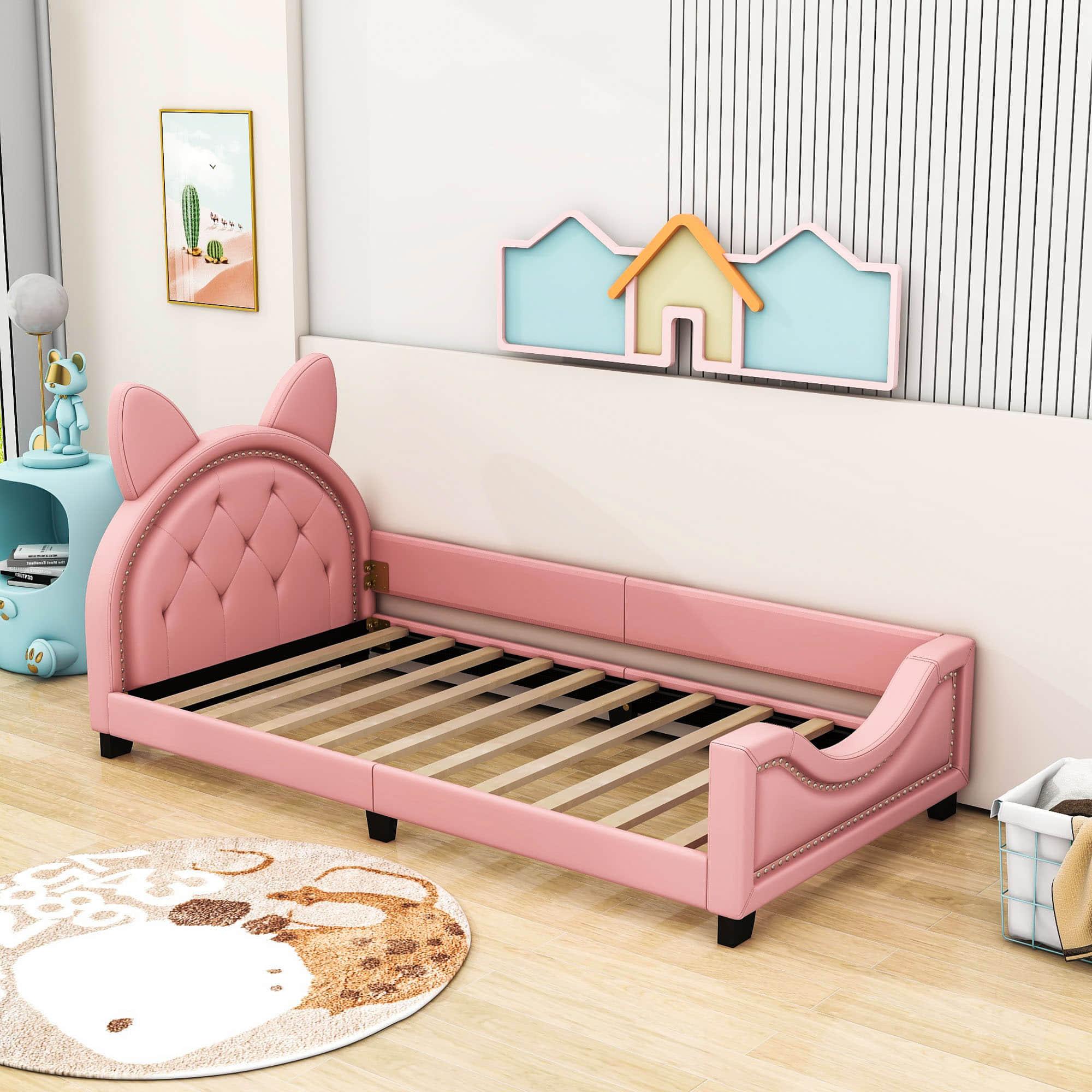 Upholstered Small Twin Daybed with Carton Ears Shaped Headboard for Kids