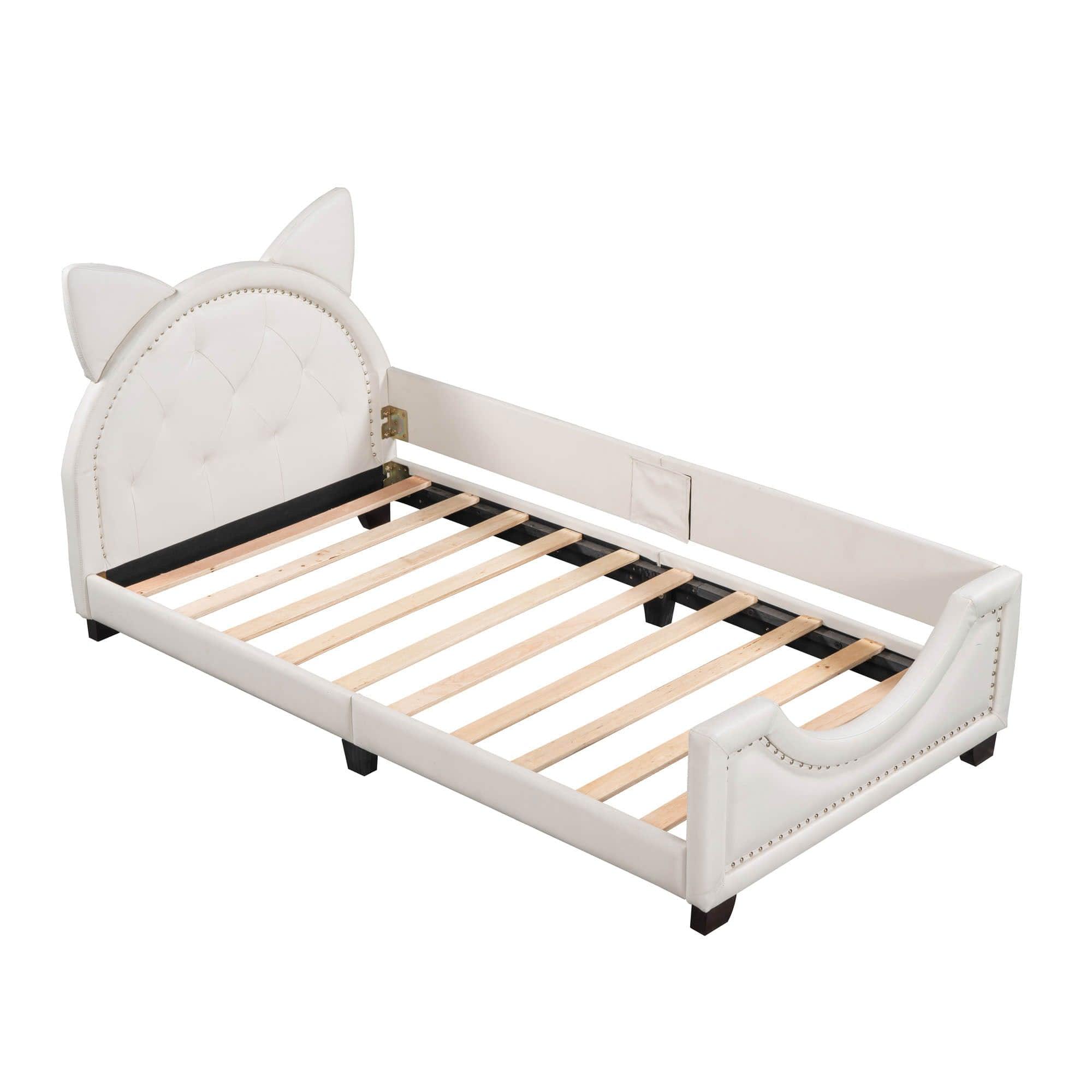 Upholstered Small Twin Daybed with Carton Ears Shaped Headboard for Kids