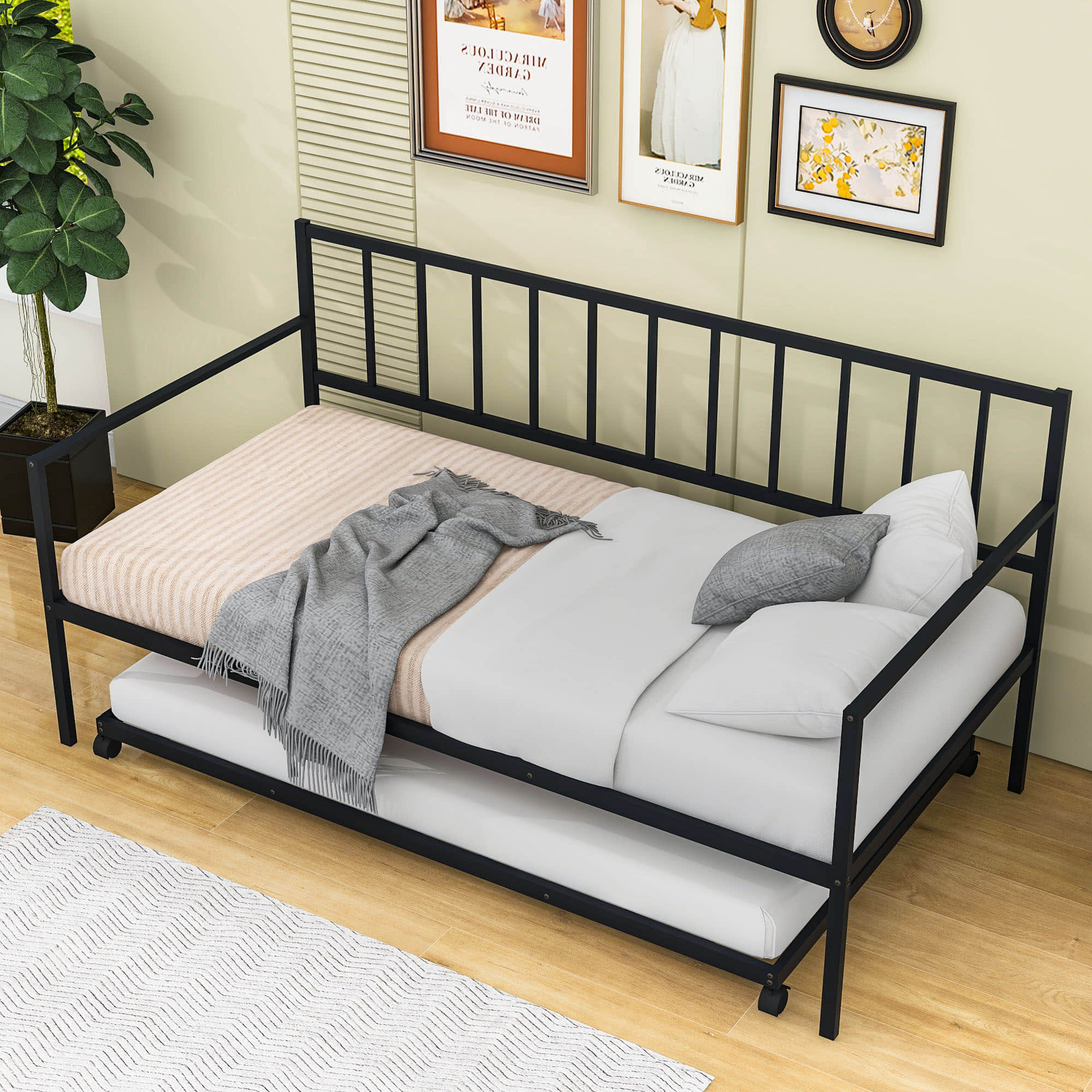 Twin Size Metal Day Bed Frame with Trundle for Adults, Kids