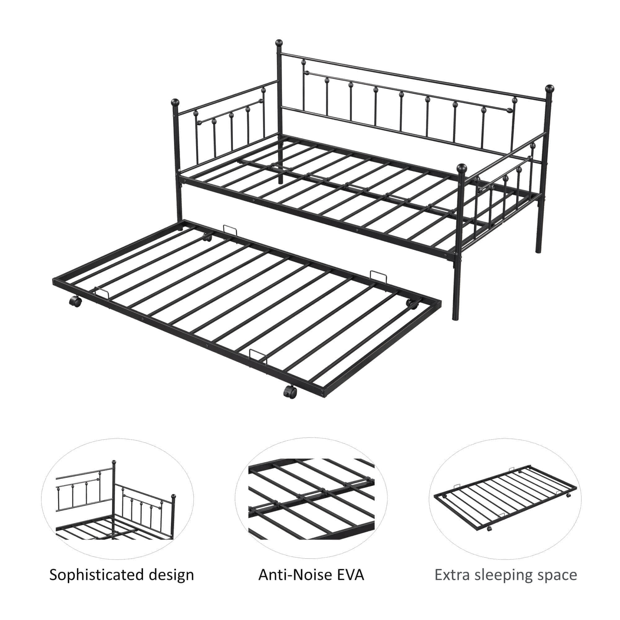 Mid-Century Modern Heavy-Duty Sturdy Metal Twin Daybed with Trundle