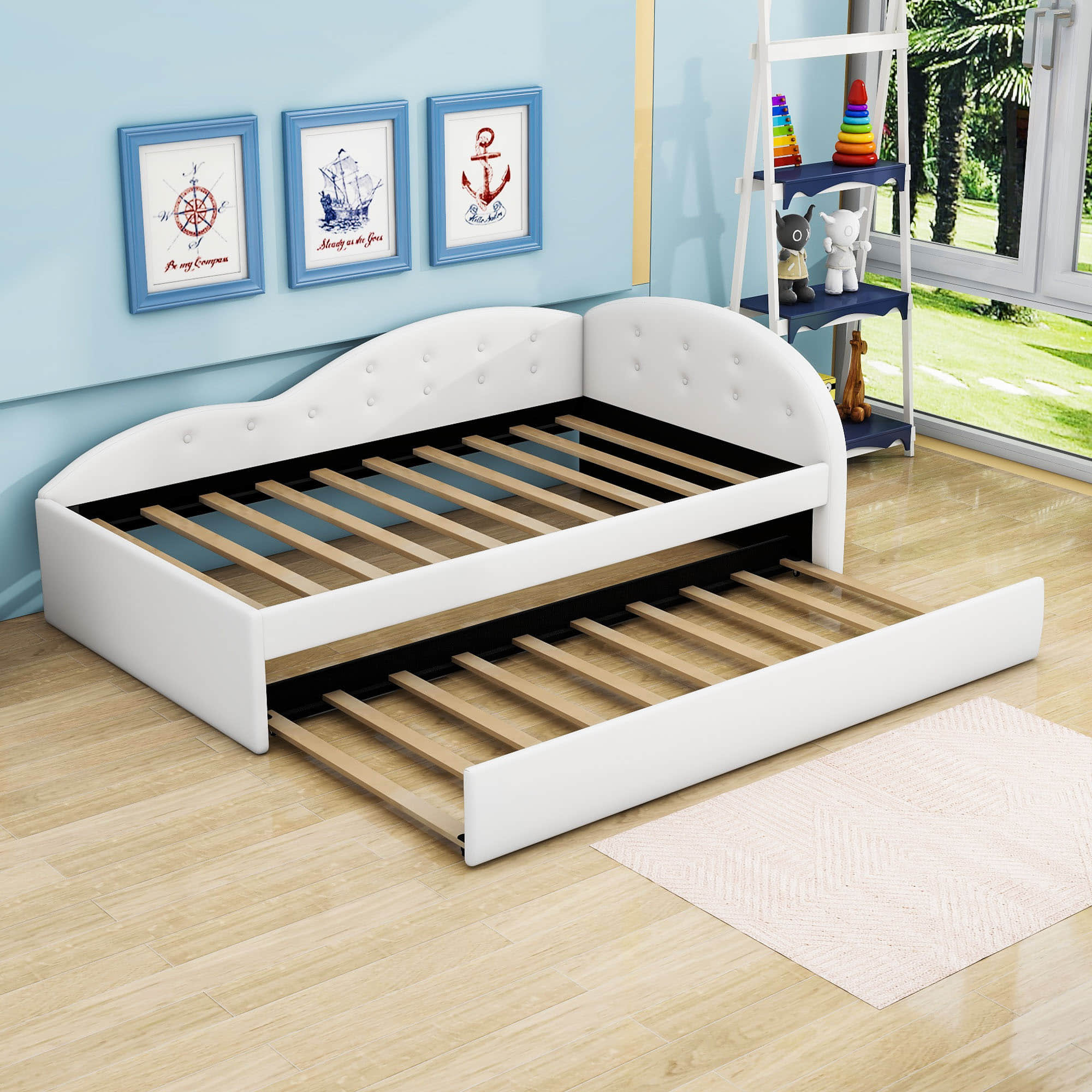 Twin PU Upholstered Kids Daybed with Trundle and Cloud-Shaped Rail