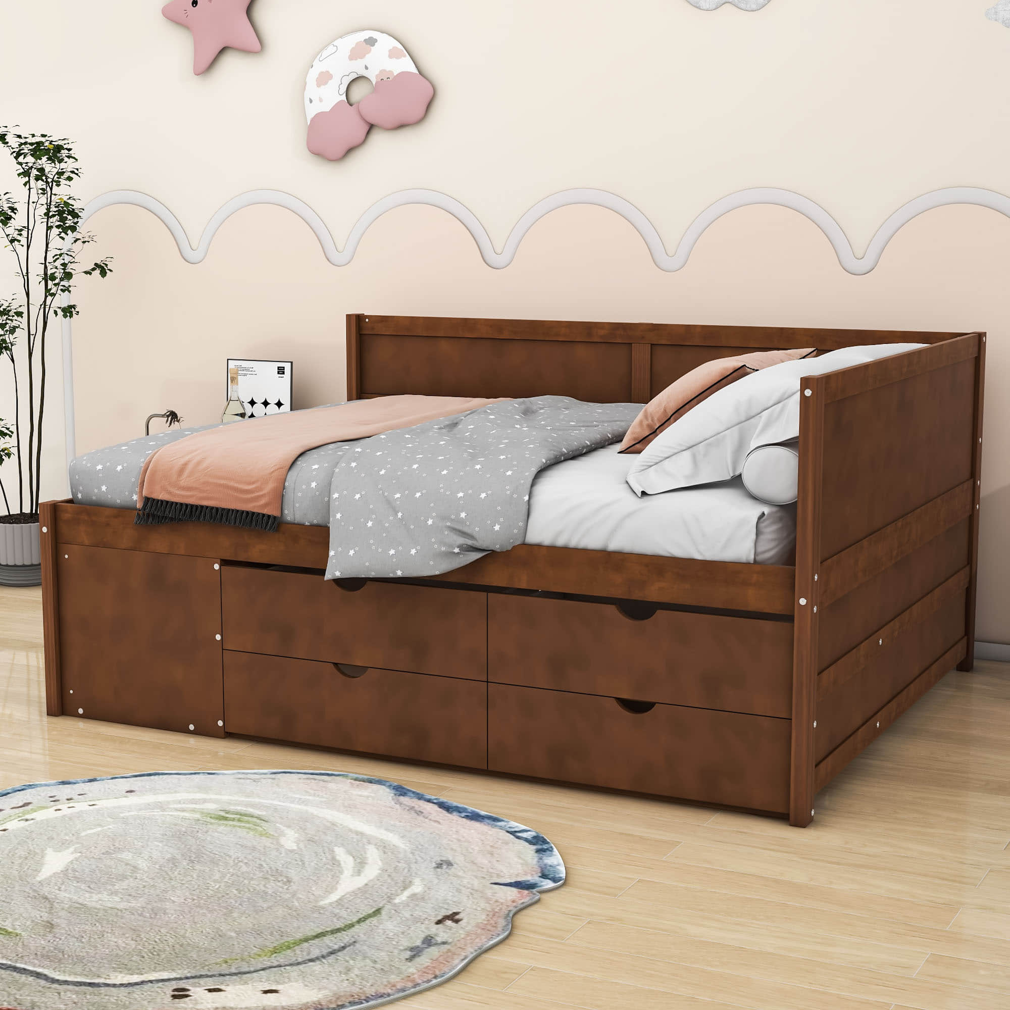 Wood Full Size Daybed with Storage Drawers and Shelves for Kids, Adults