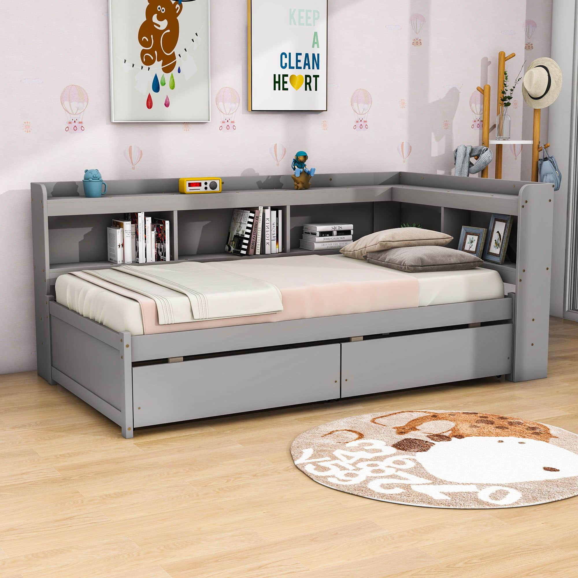 Wood Twin Daybed with Storage - [Drawers, L-Shaped Bookcases]