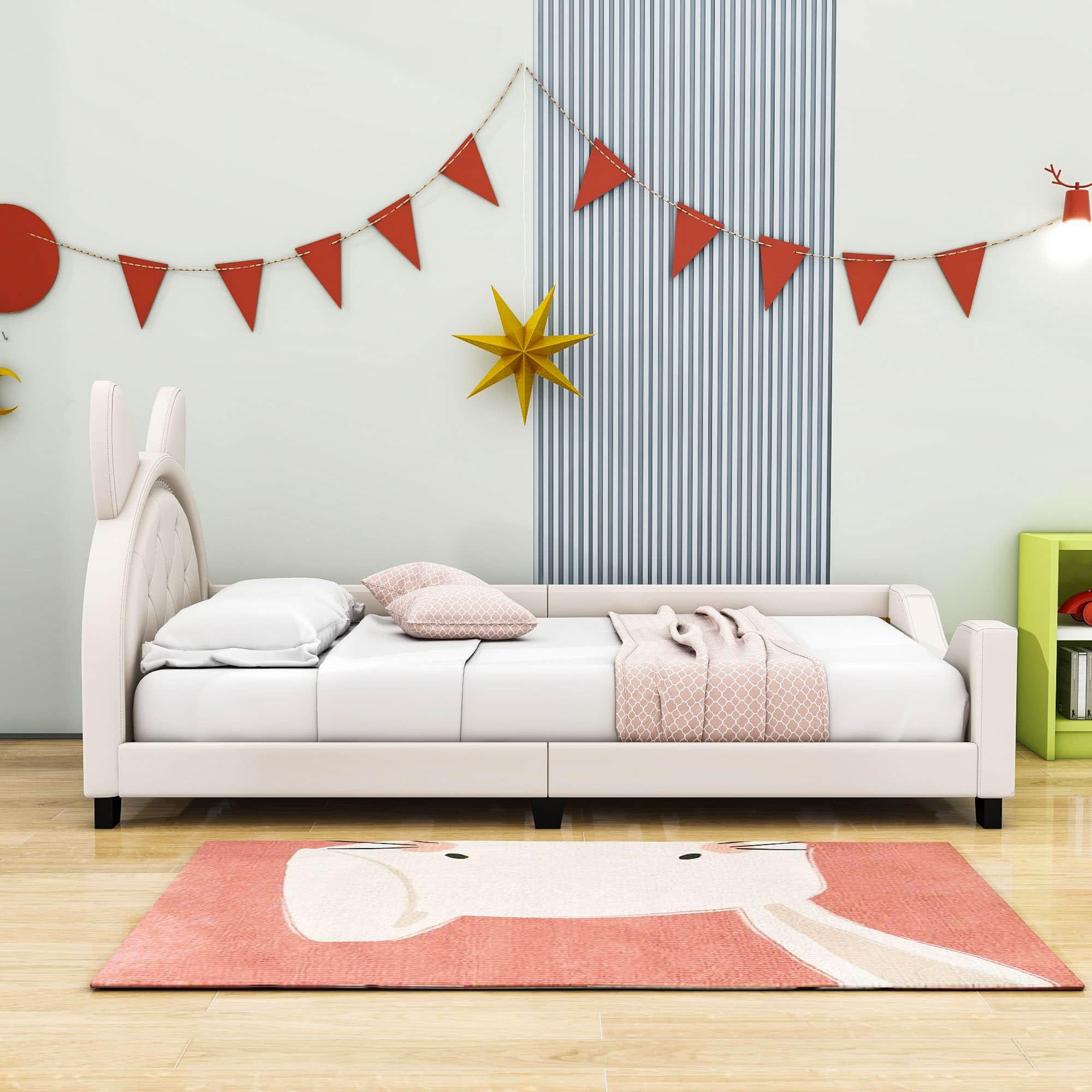 Upholstered Small Twin Daybed with Carton Ears Shaped Headboard for Kids