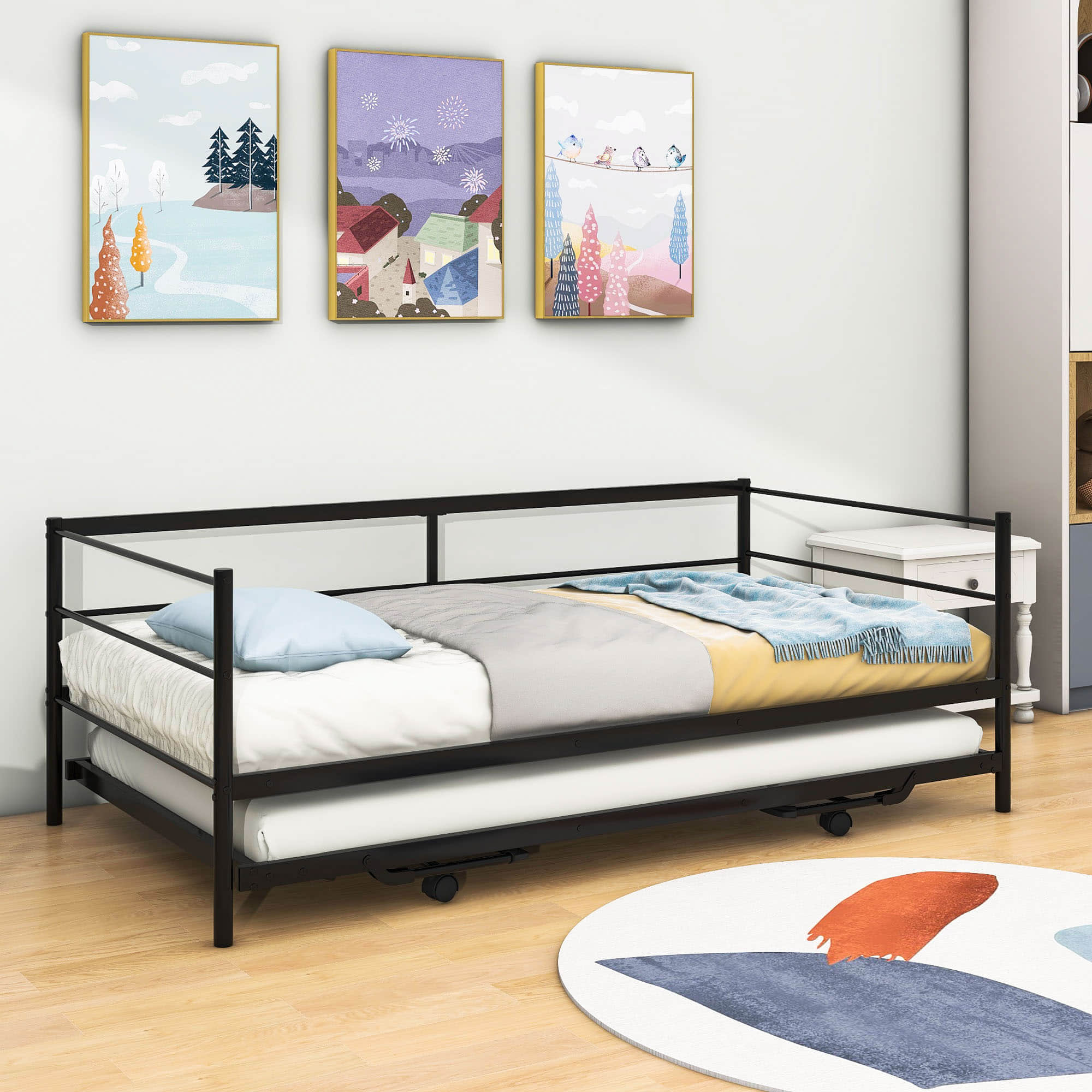 Convertible Metal Twin Daybed with Pop Up Trundle Bed