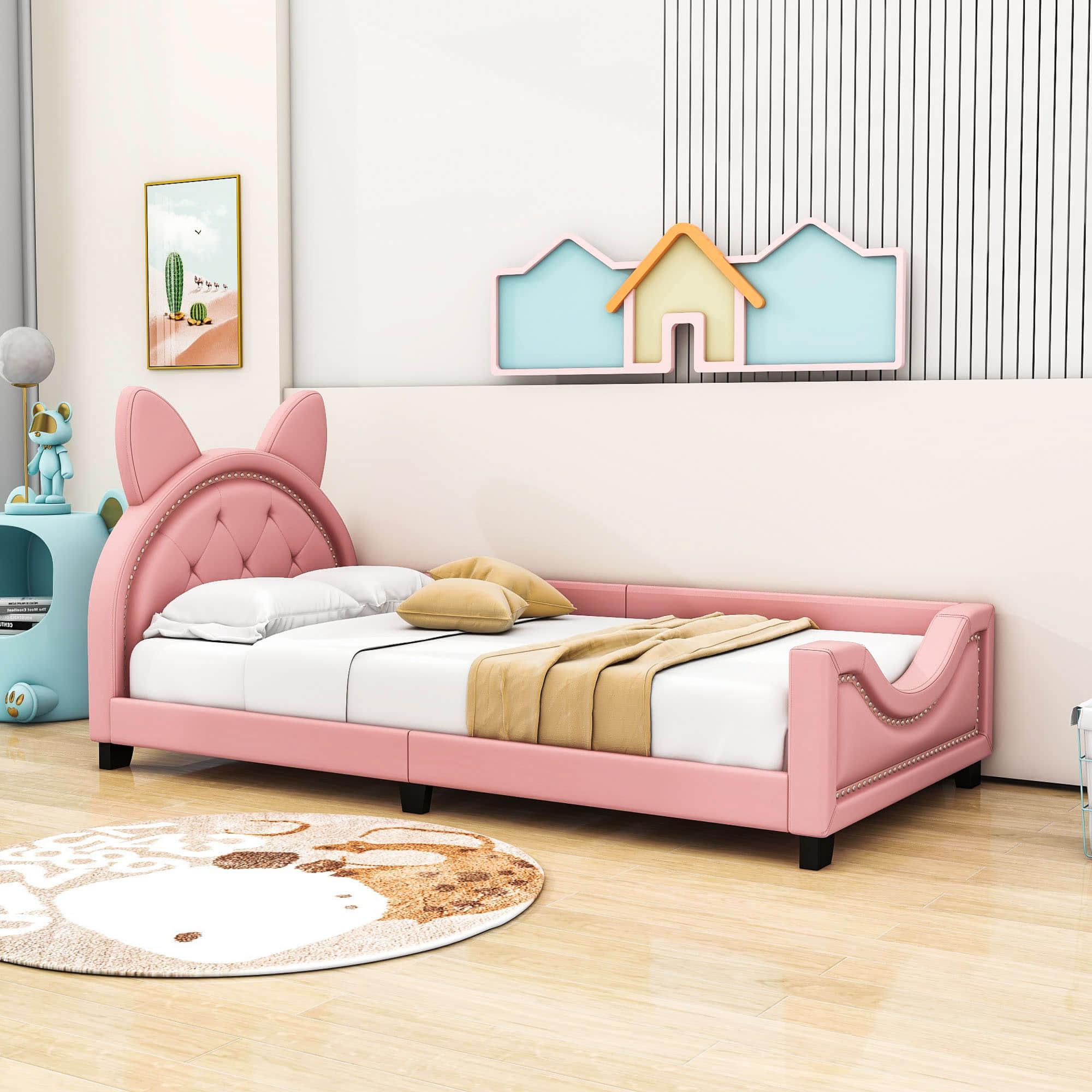 Upholstered Small Twin Daybed with Carton Ears Shaped Headboard for Kids