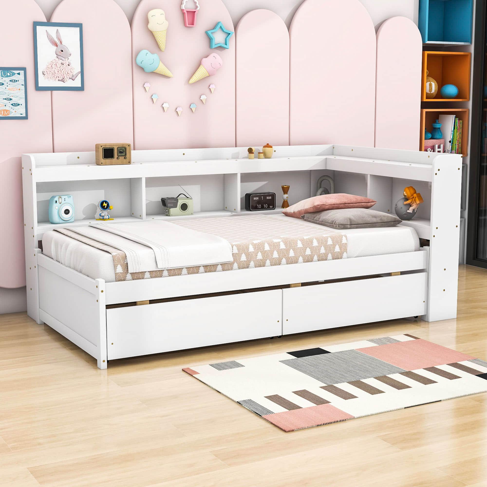 Wood Twin Daybed with Storage - [Drawers, L-Shaped Bookcases]