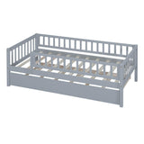 Wooden Twin Low Kids Bed with Twin Size Trundle and Rails