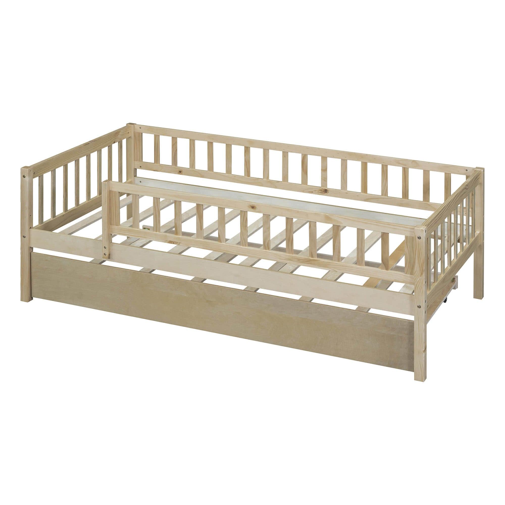 Wooden Twin Low Kids Bed with Twin Size Trundle and Rails