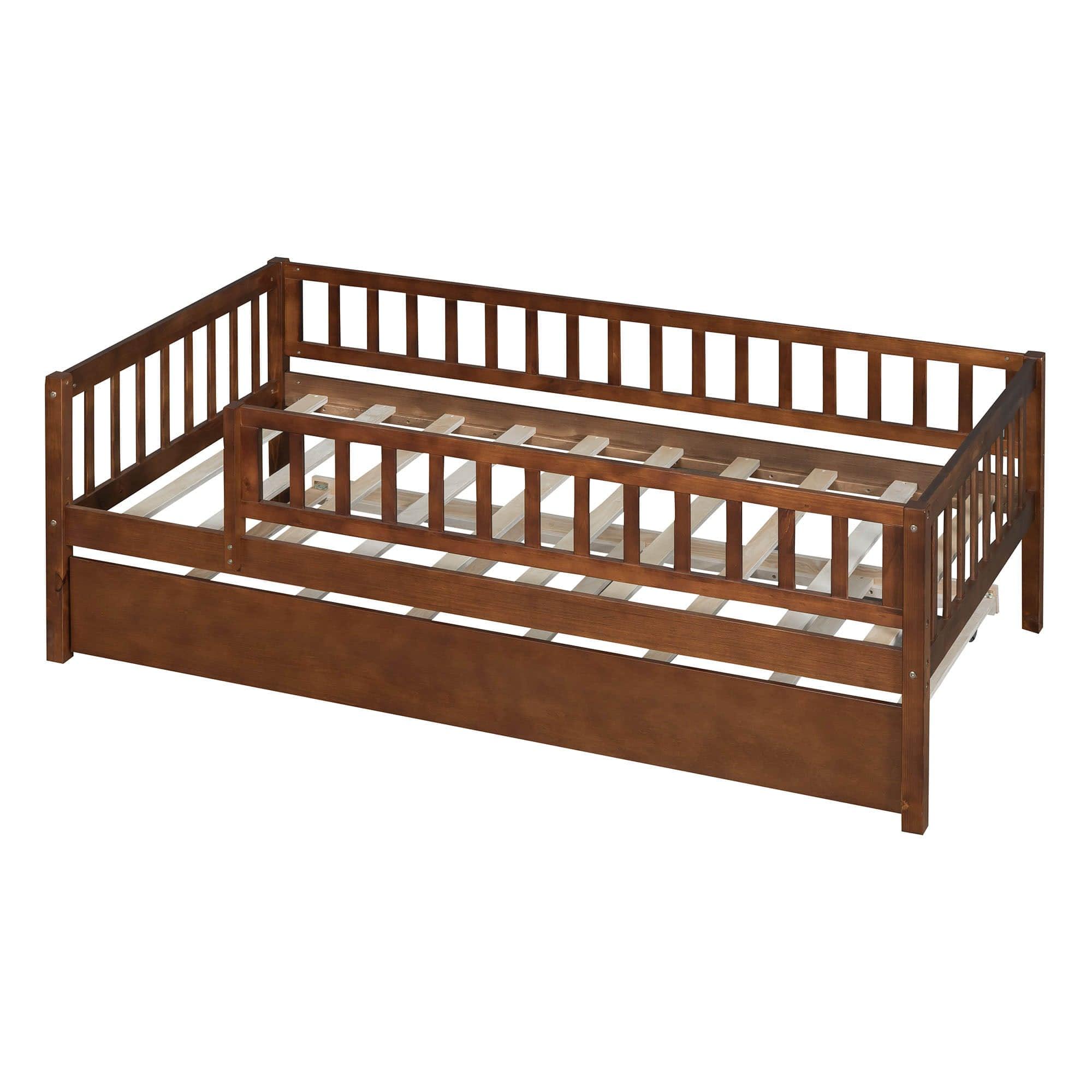 Wooden Twin Low Kids Bed with Twin Size Trundle and Rails