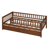 Wooden Twin Low Kids Bed with Twin Size Trundle and Rails