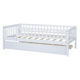 Wooden Twin Low Kids Bed with Twin Size Trundle and Rails