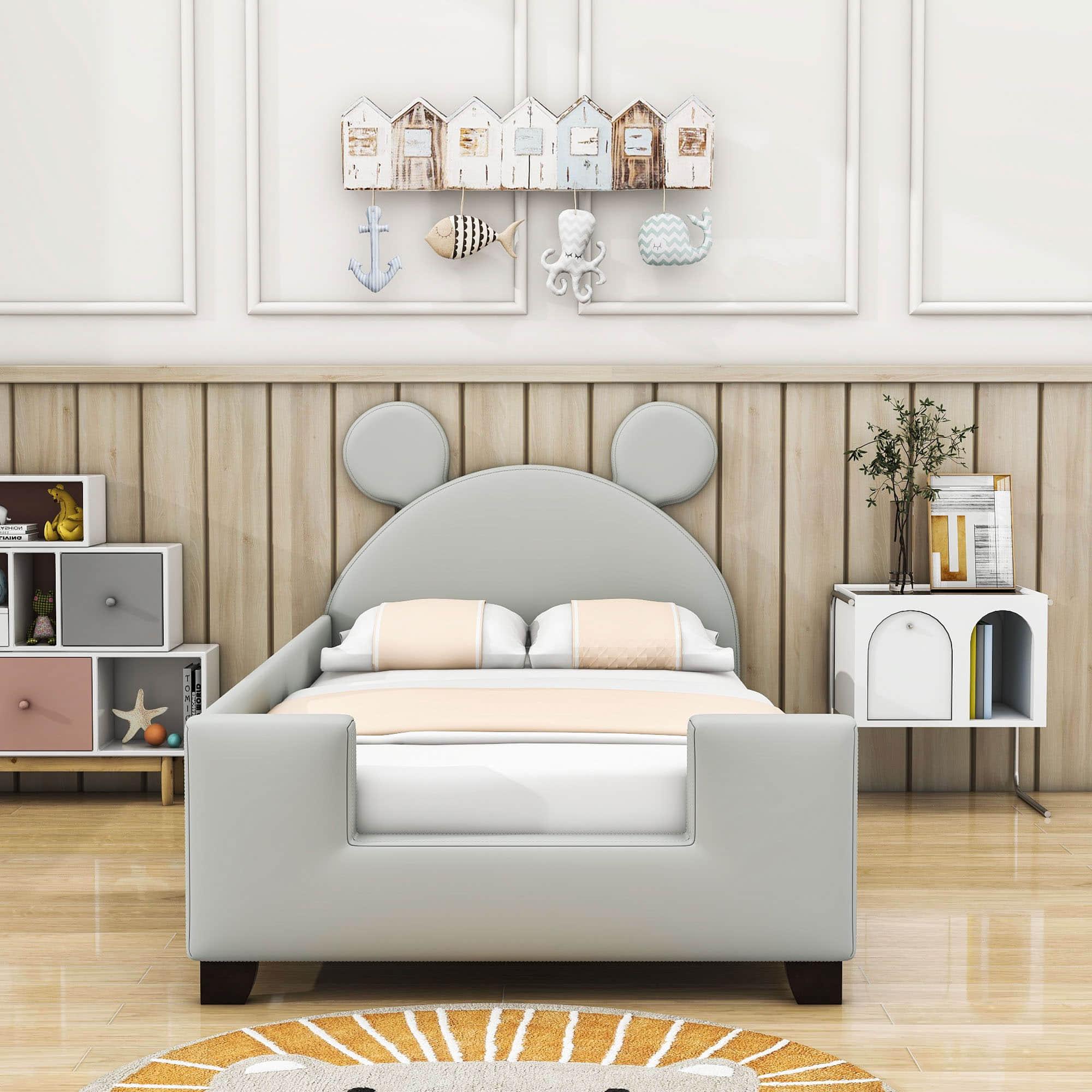 Upholstered Twin Daybed with Carton Ears Shaped Headboard for Kids