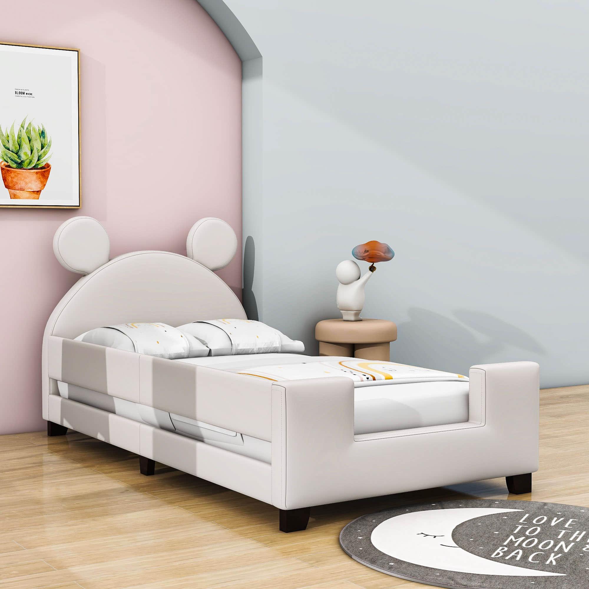 Upholstered Twin Daybed with Carton Ears Shaped Headboard for Kids