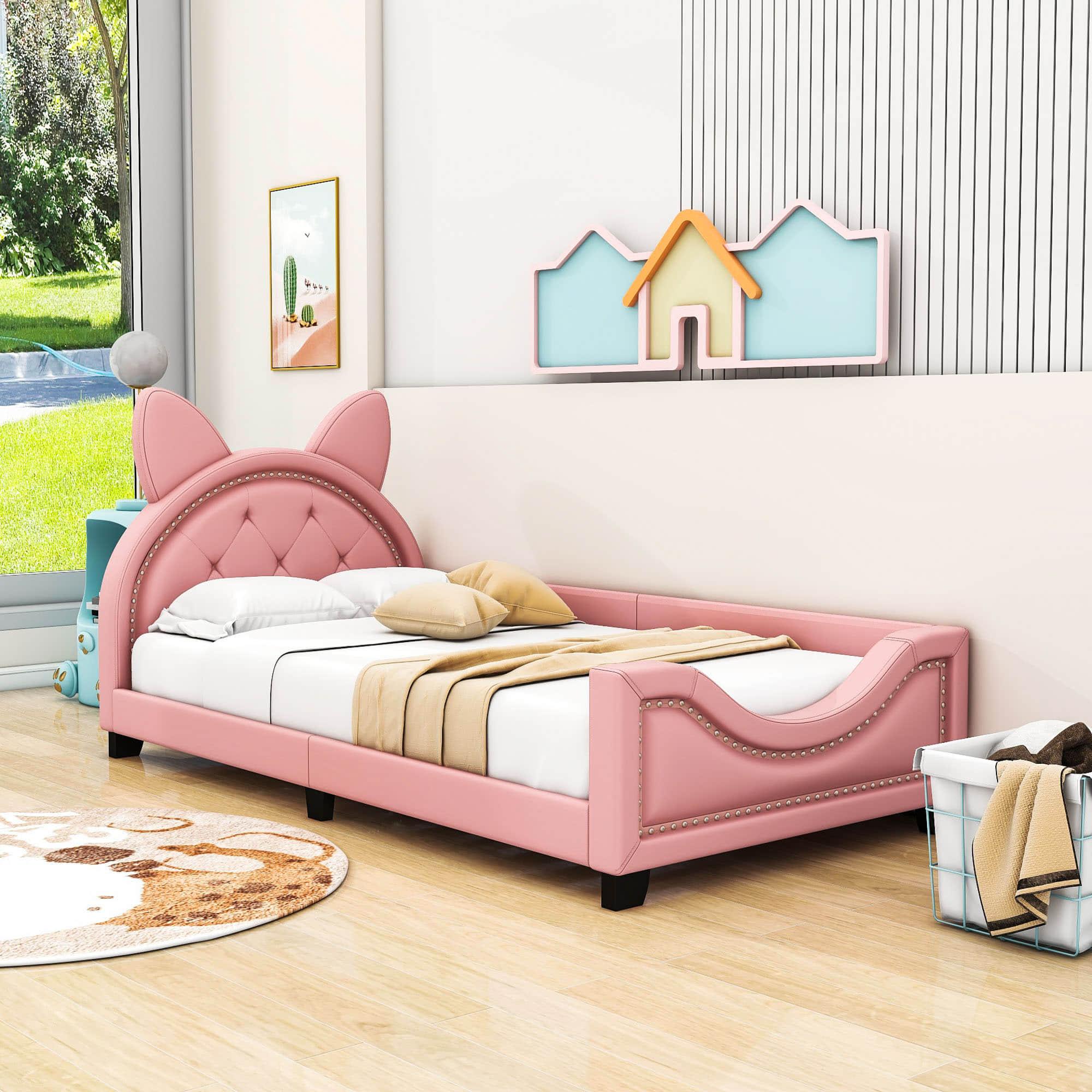 Upholstered Small Twin Daybed with Carton Ears Shaped Headboard for Kids