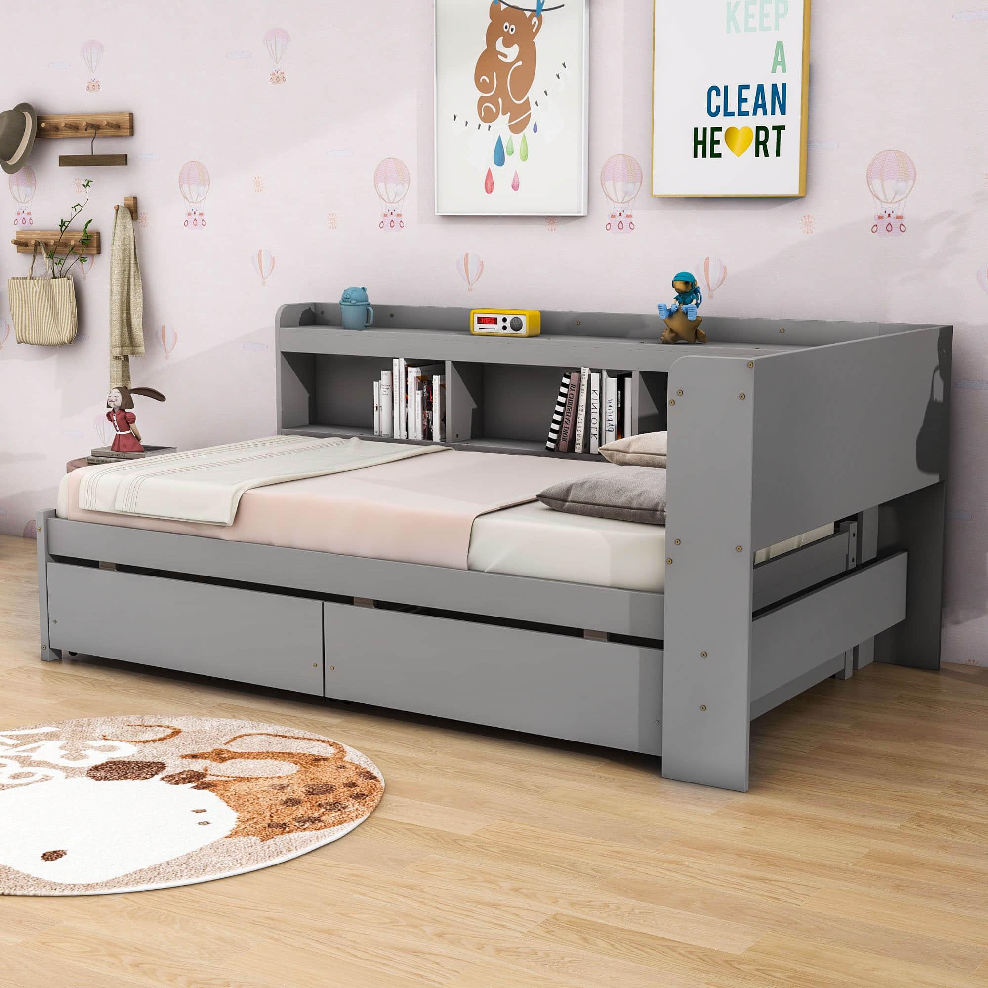 Wood Twin Daybed with Storage - [Drawers, L-Shaped Bookcases]