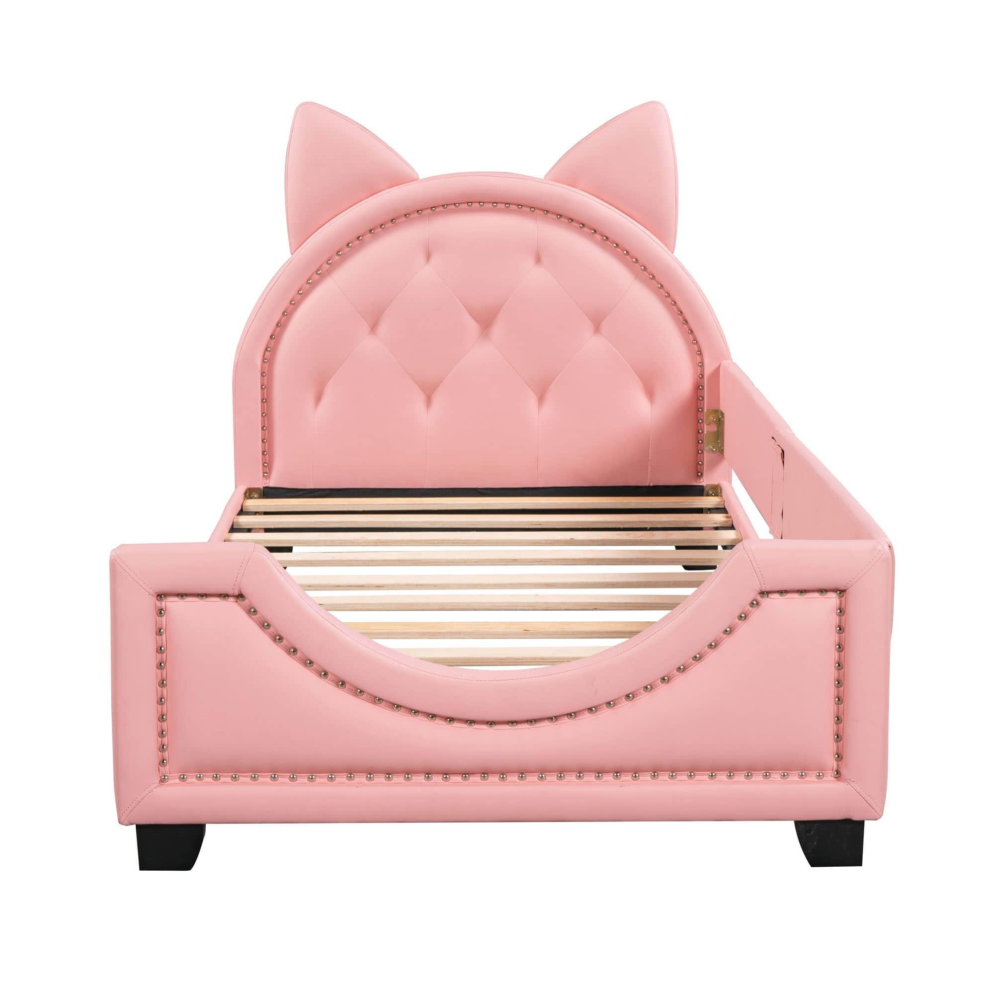 Upholstered Small Twin Daybed with Carton Ears Shaped Headboard for Kids