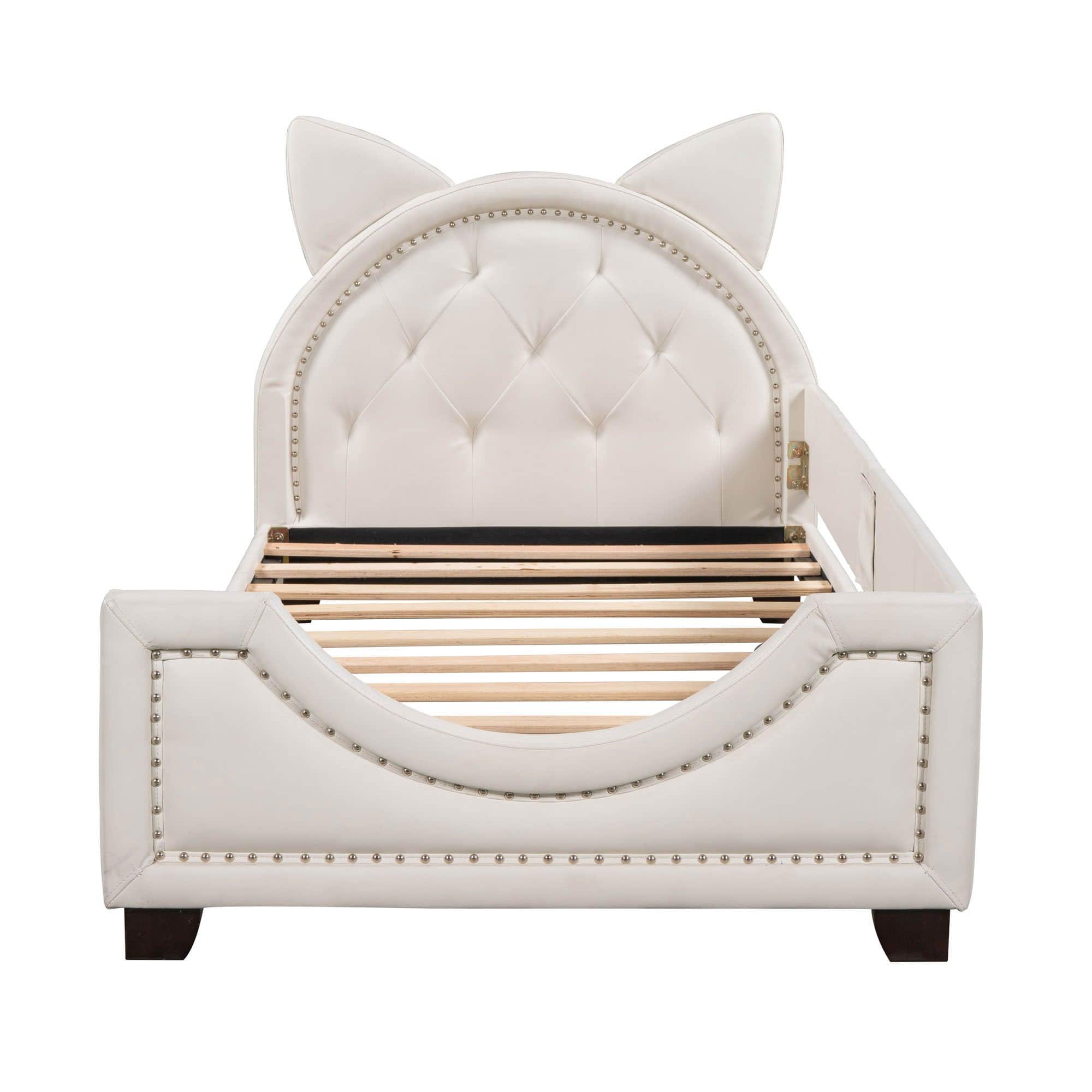 Upholstered Small Twin Daybed with Carton Ears Shaped Headboard for Kids