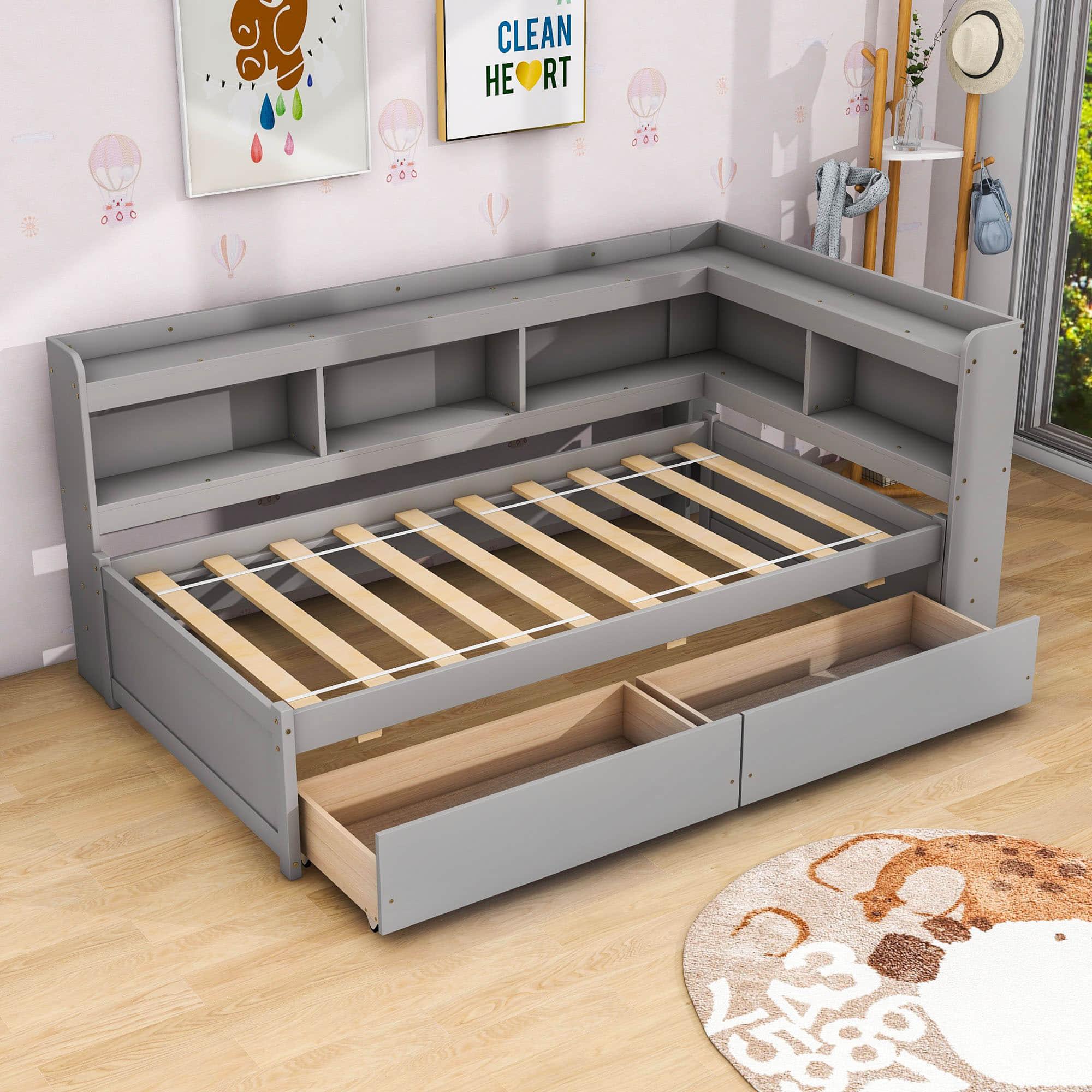 Wood Twin Daybed with Storage - [Drawers, L-Shaped Bookcases]