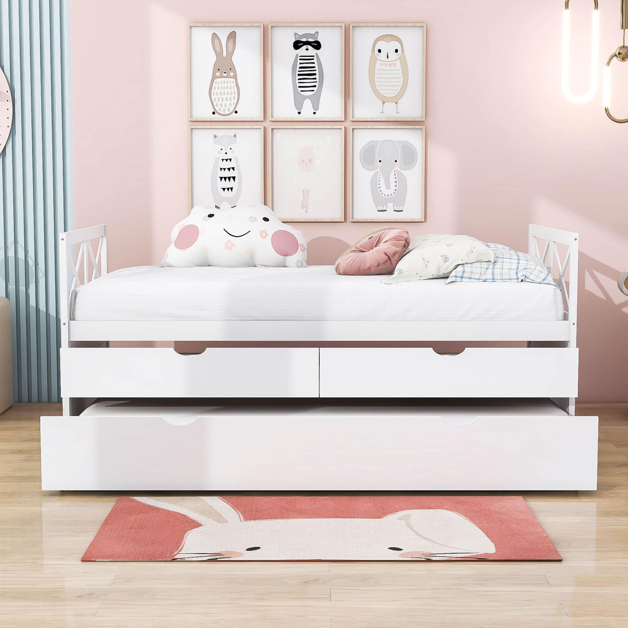 Twin Daybed with Trundle and Storage Drawers for Kids Adults - [Wood, Backless]