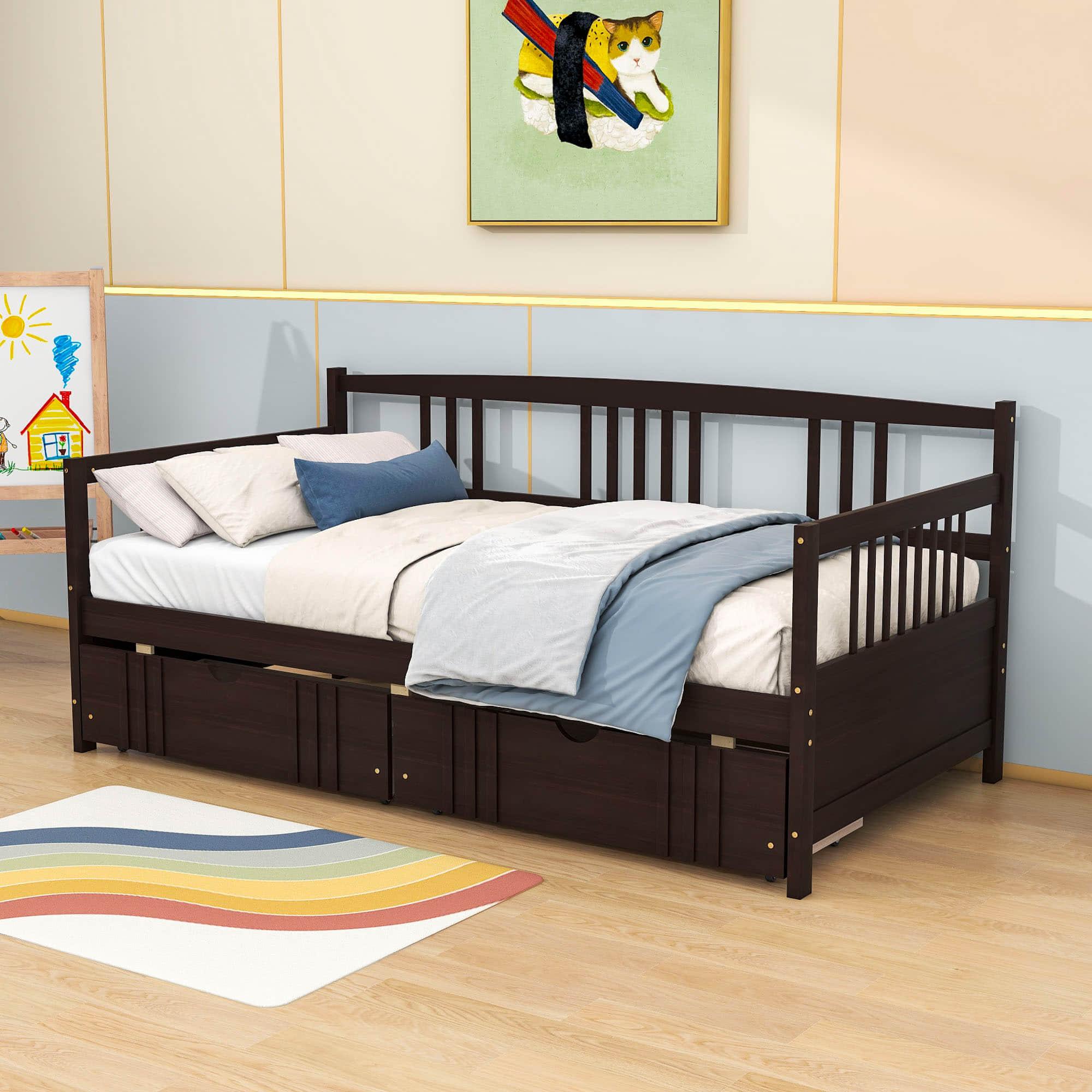 Twin Size Daybed with Storage Drawers - [Wood, Slat Back]