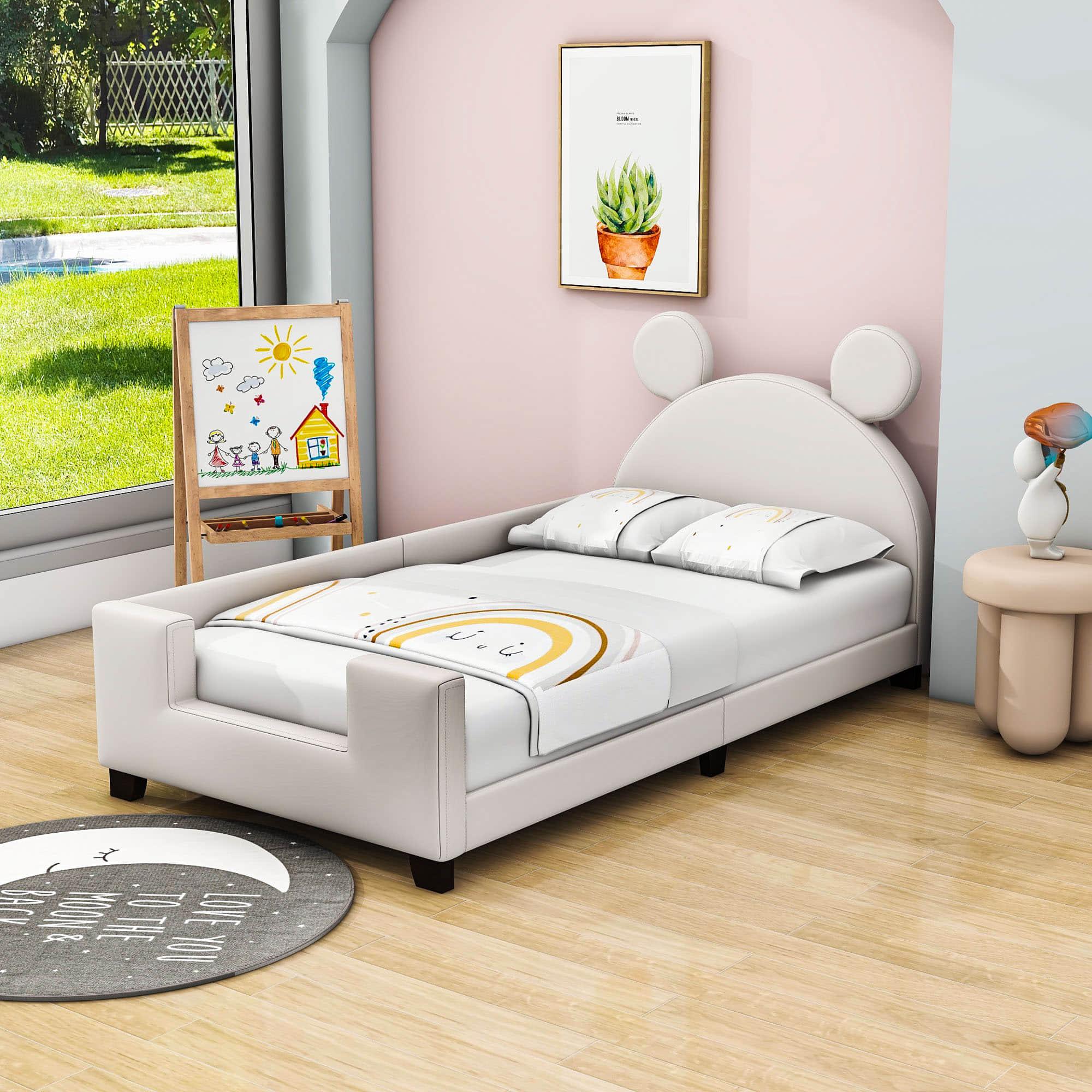 Upholstered Twin Daybed with Carton Ears Shaped Headboard for Kids