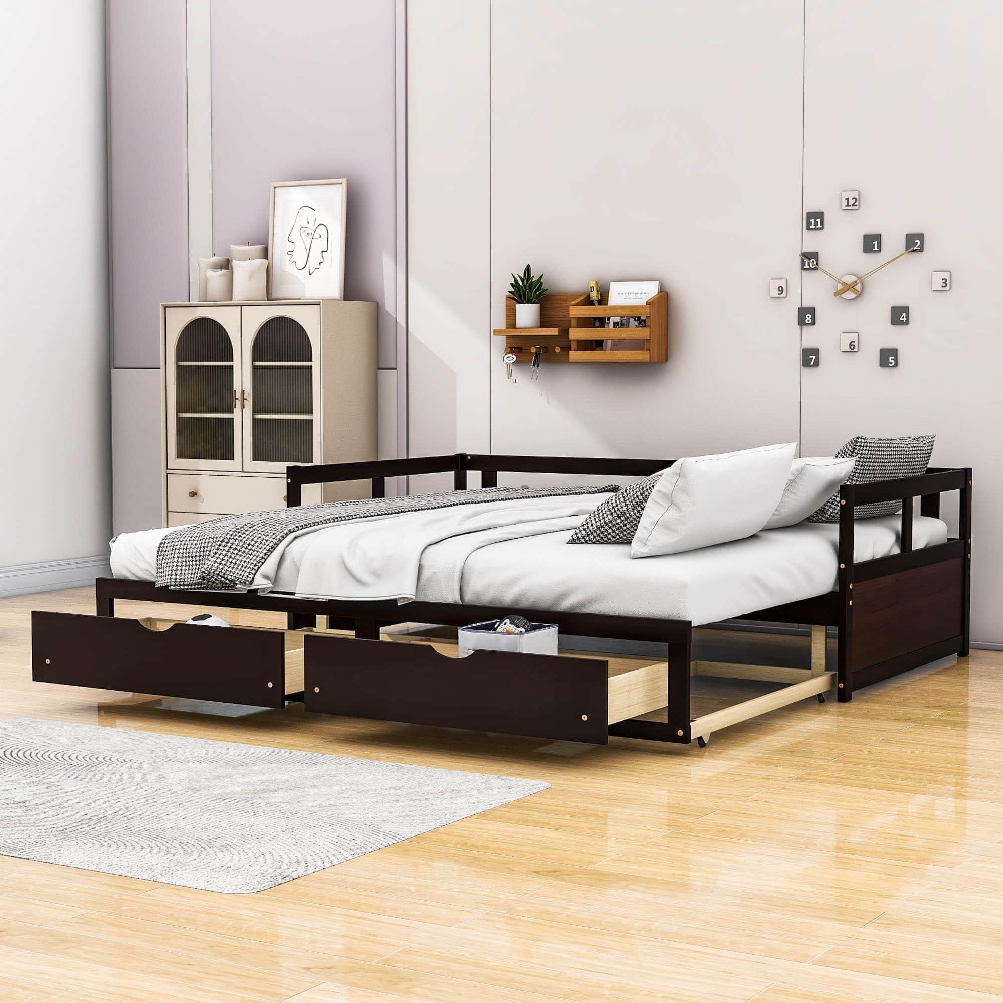 Wood Twin to King Daybed with Extendable Trundle and Storage Drawers