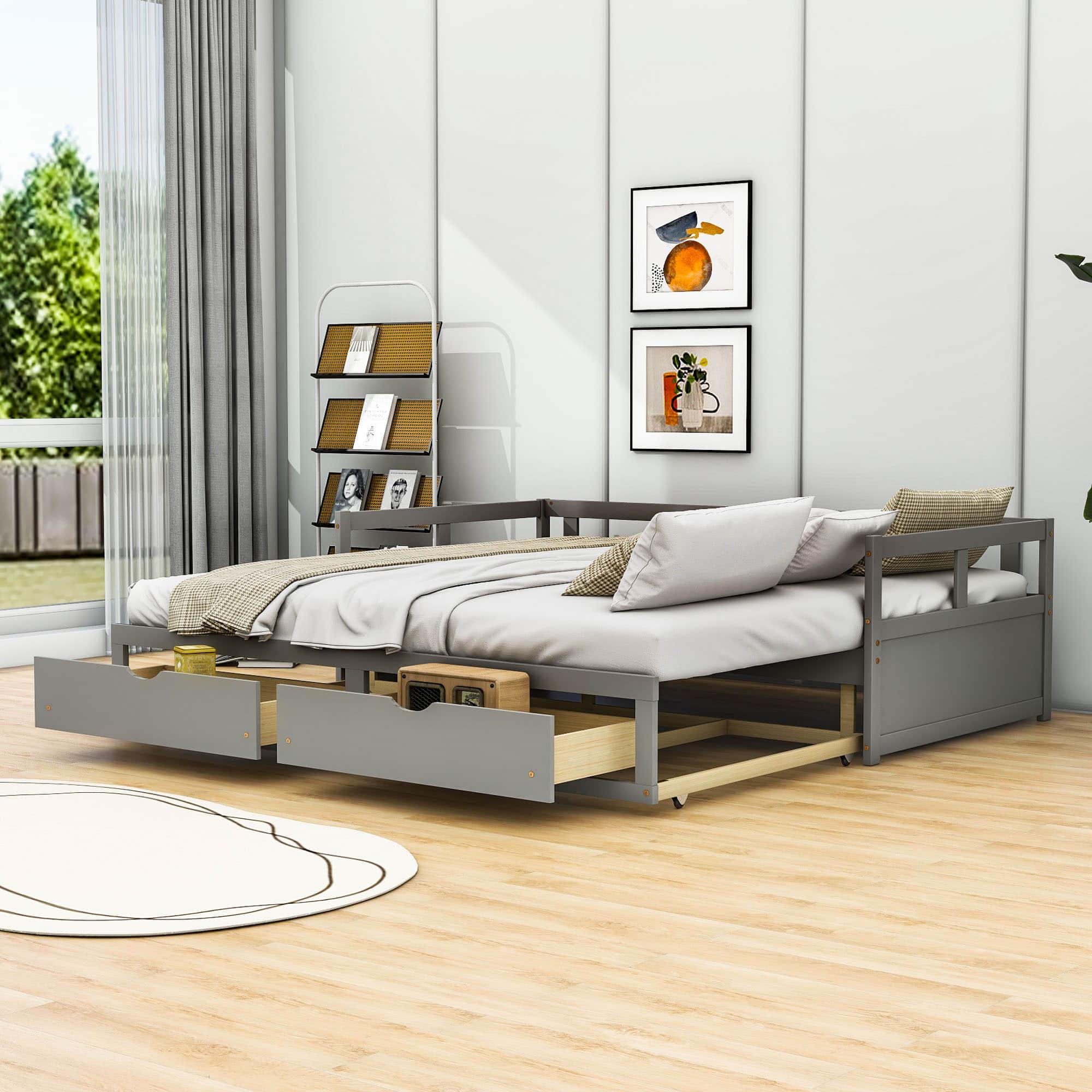 Wood Twin to King Daybed with Extendable Trundle and Storage Drawers